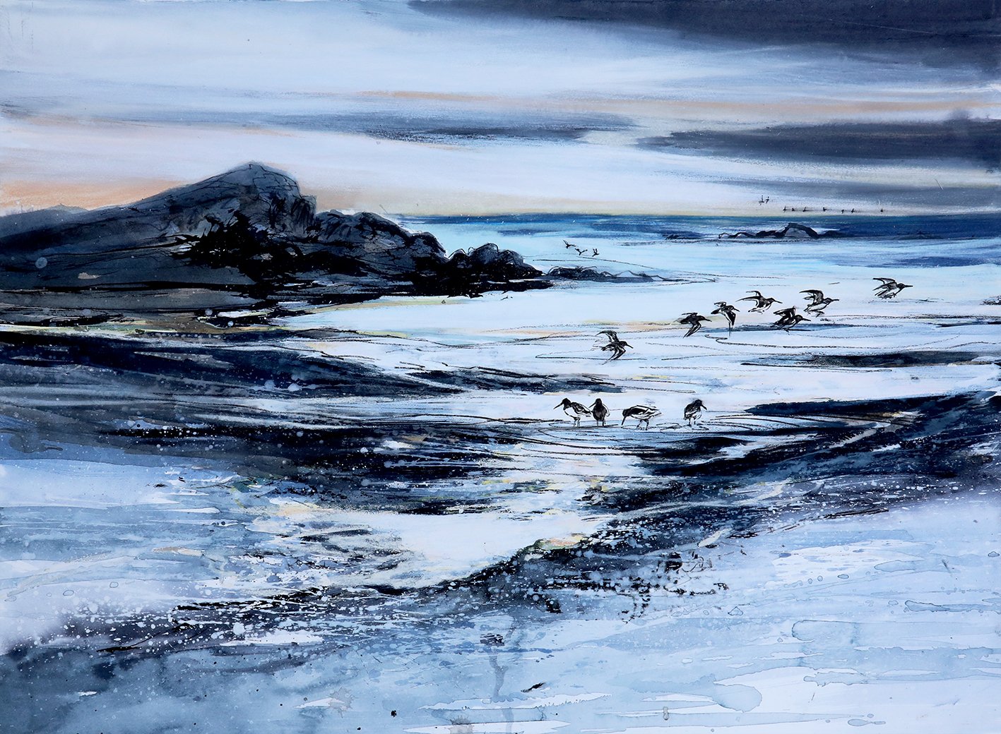  As Dusk Gently Falls Across the Bay, mixed media on paper, 55×75cm, £1650, sold 