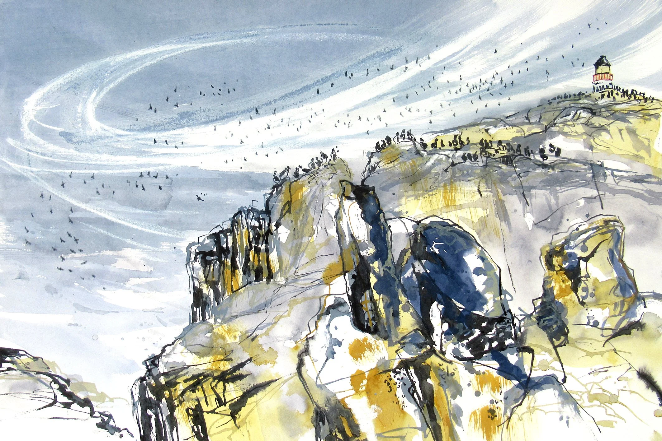  Departing Puffins, mixed media on paper, 44×63cm, framed and glazed, £1450 
