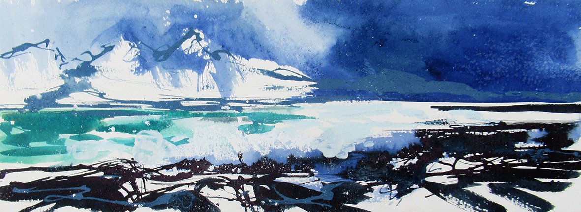 Hailstorm over the Small Isles, mixed media on paper, 14×40cm, framed and glazed, £580 
