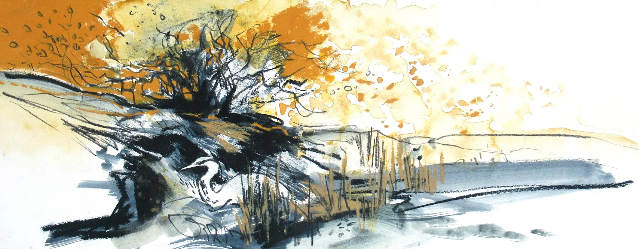 Stalking the Reedbeds, mixed media on paper, 20×54cm, framed and glazed, £690 