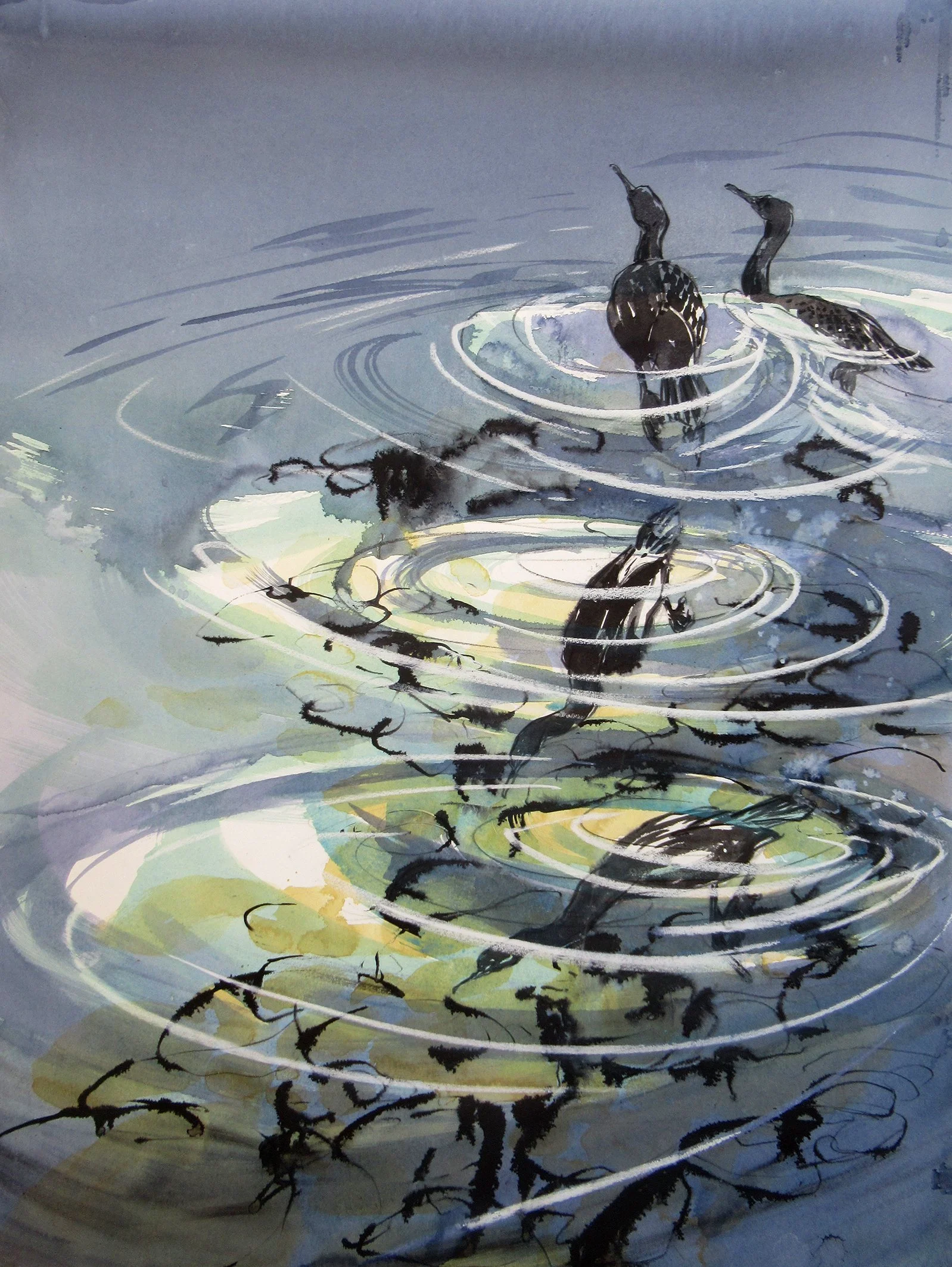  Through Shallow Waters, mixed media on paper, 75×55cm, framed and glazed, £1690, sold 
