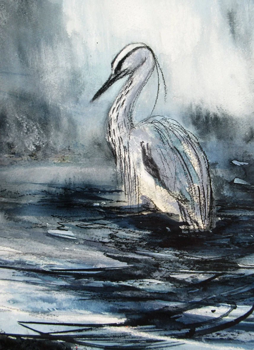 Twilight Fisher, mixed media on paper, 27×19cm, framed and glazed 
