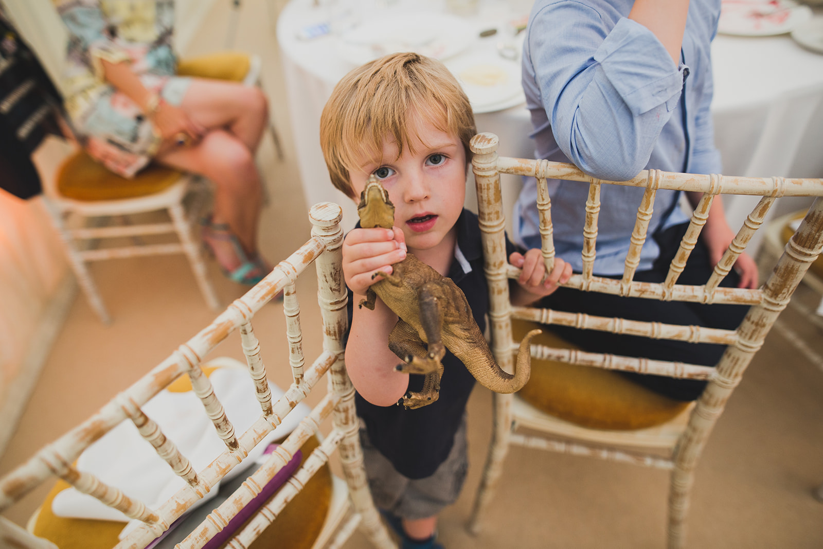 a boy wedding guests shows his toy dinosaur to the camera. underlay grange marquee wedding lake district. stop motion wedding films uk