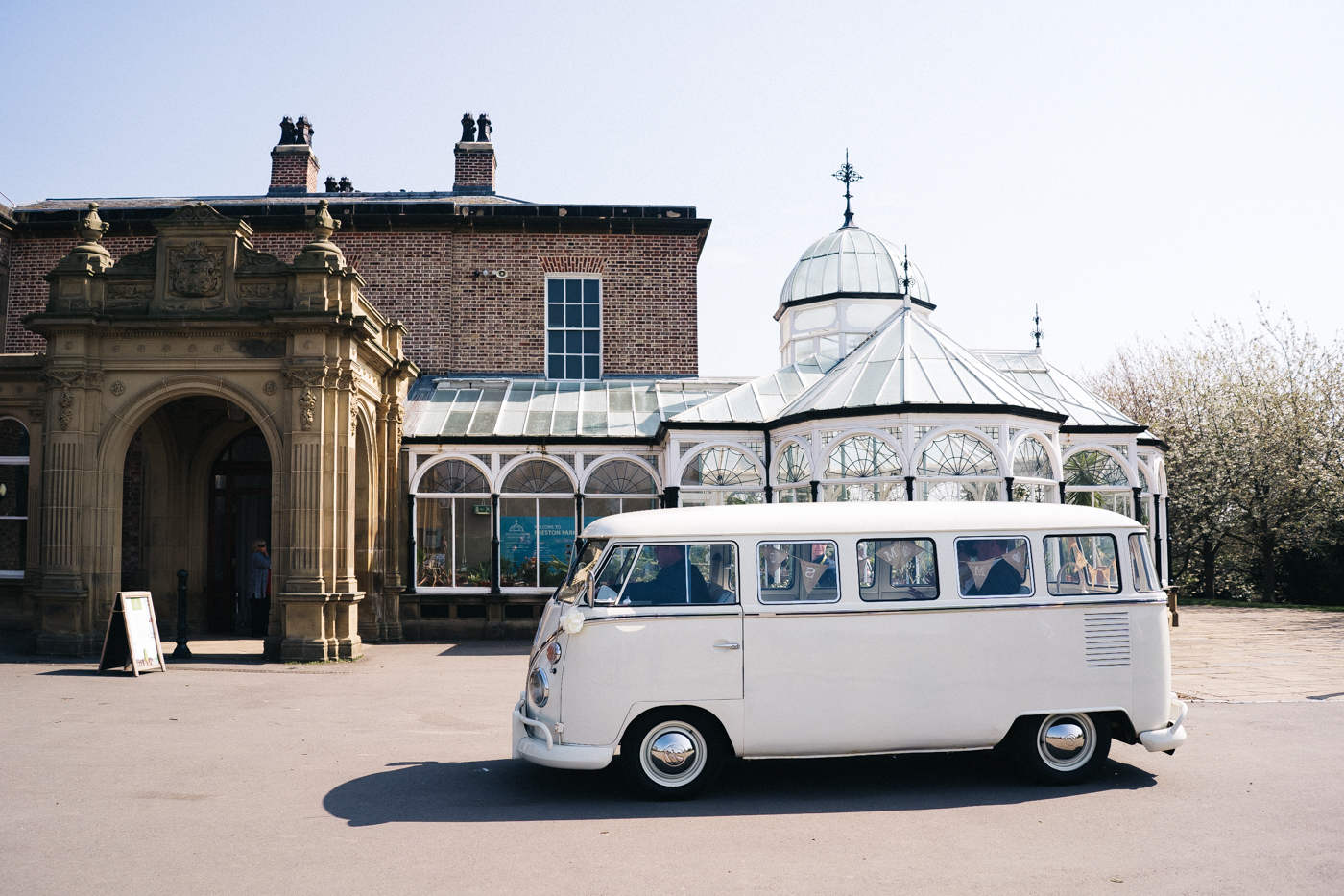 a white campervan outside of the wedding venue. preston park museum wedding stockton teesside middlesbrough wedding photographer