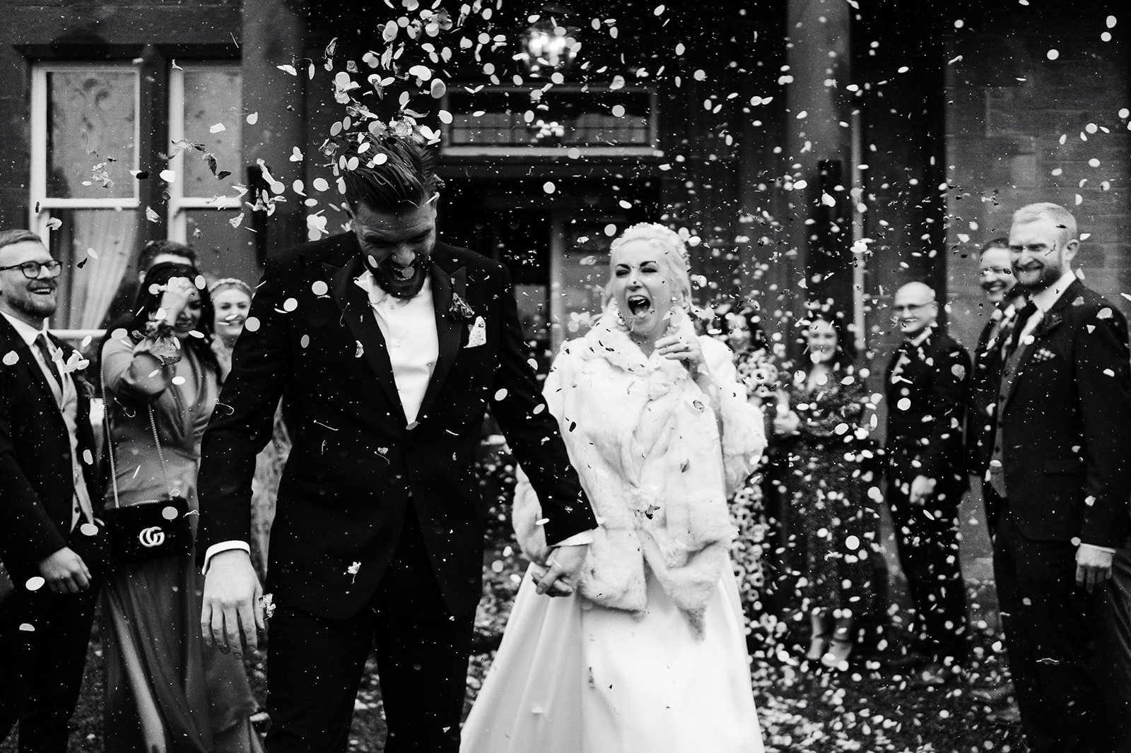 black and white confetti shot at toftcombs mansion house in the Scottish borders 