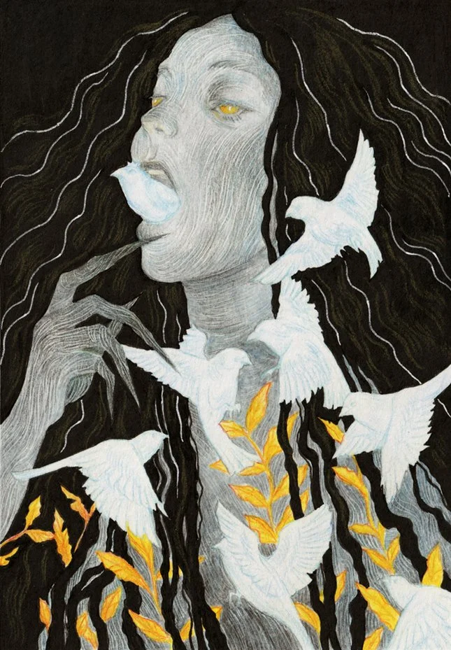      

 
   MOTHER OF BIRDS  Type &nbsp; &nbsp; &nbsp; &nbsp;  Personal Work    Loosely based on a Filipino folklore about witches whose inheritance of their powers is embodied through a small bird or chick passed from mouth to mouth.   Mother of Bir