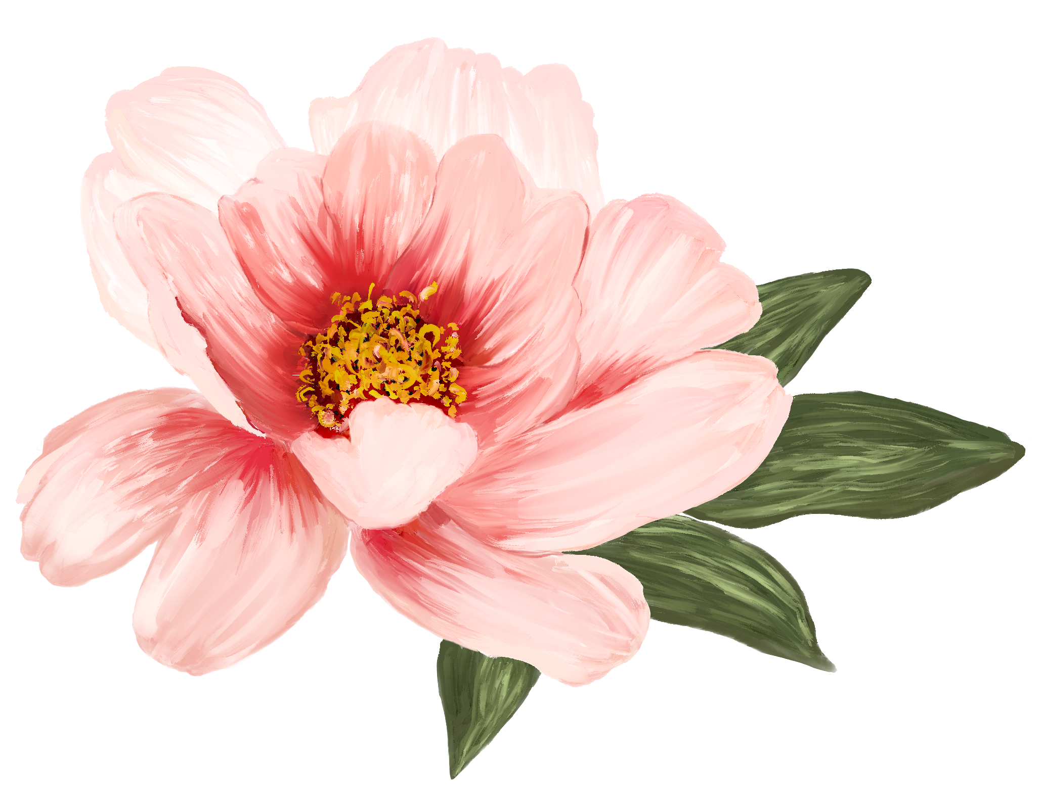 A detailed digital painting of a pink flower with soft petals and yellow center, accompanied by green leaves.