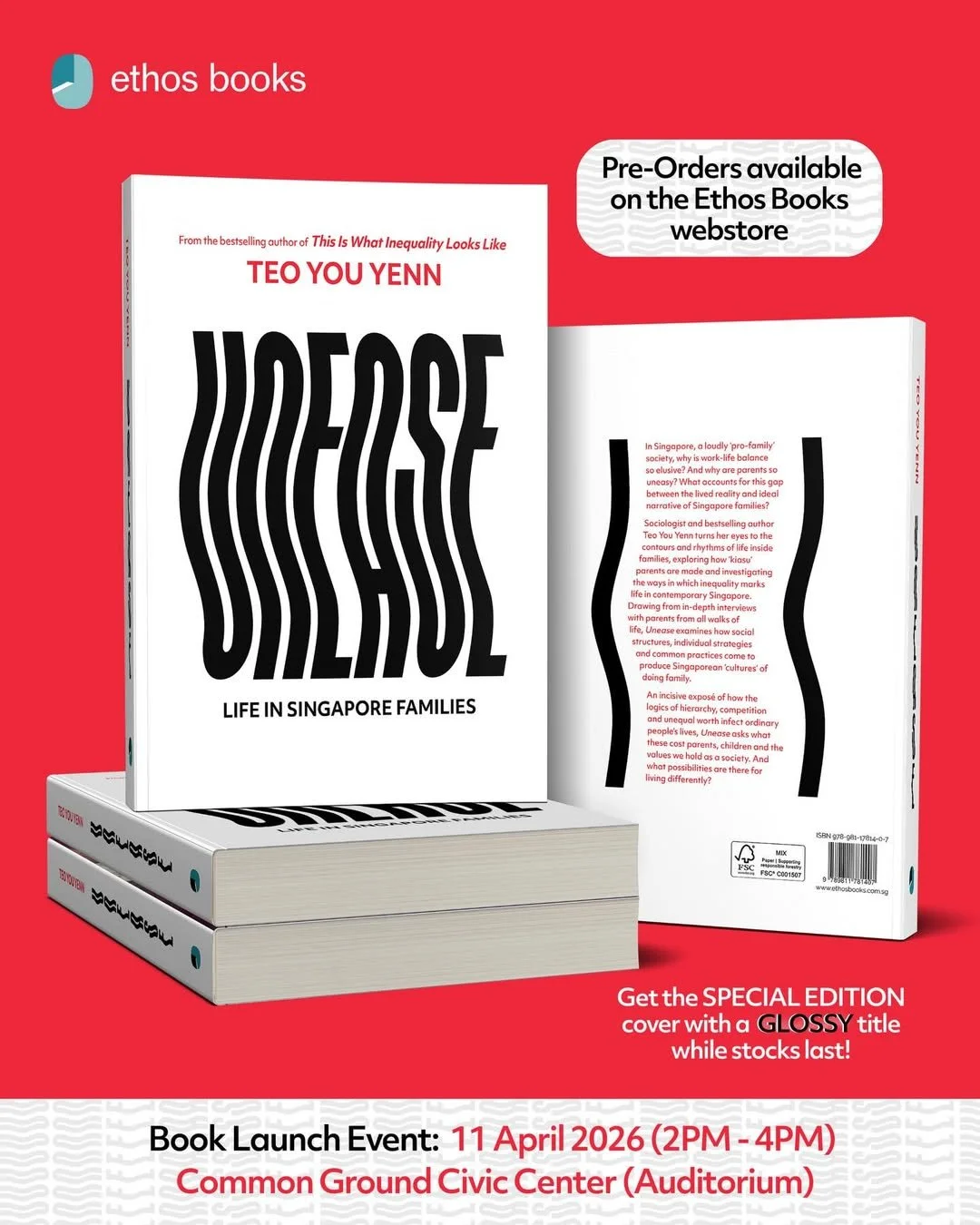 BOOK LAUNCH: "Unease: Life in Singapore Families " by Teo You Yenn  (Ethos Books)