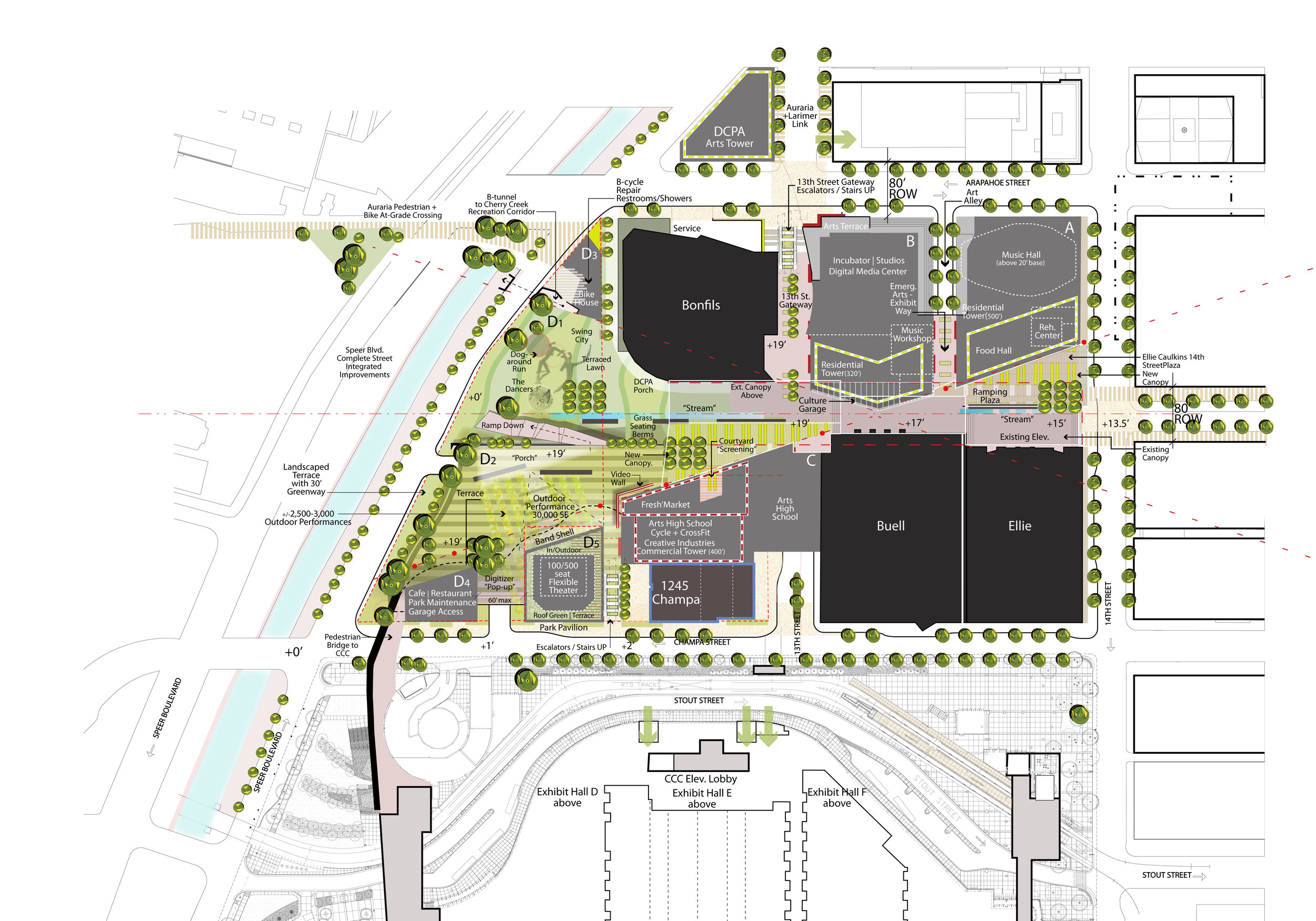 PROJECT: Denver Performing Arts Complex (DPAC) LOCATION: Denver, Colorado CLIENT: City of Denver, Arts and Venues COMPLETION: 2016 Vision Plan SIZE: 12 Acres, 2.4 Million Square Feet Development COST: $150 Million Public Investment and $600+ Million Private Investment over 10 Years With over 10,000 seats, the Denver Performing Arts Complex is the nation’s second largest center for the arts after Lincoln Center. Designed and constructed in the late 1970’s, DPAC today occupies a wholly different landscape. Urban life has changed, audiences have diversified and traditional funding models are challenged. In response, the City of Denver’s Department of Arts and Venues engaged H3 and Webb Management Services to develop a visionary master plan for the complex and its surrounding district. H3’s process includes an extensive public outreach effort. Community and emerging arts groups are significant stakeholders in the plan, in addition to the complex’s resident arts organizations and the City. Programming, physical and financial concerns will be integrated into a comprehensive plan for revitalization of the complex. Development of new programs and transformation of the Complex’s street presence are critical to repositioning DPAC’s identity in the city. The master plan will contain a range of tangible improvements. Large scale catalytic projects are envisioned to shift investment from government support towards public-private partnerships. New commercial, residential and hotel development will make the complex viable in the future. In the near to mid term time frames, capital facility improvements will change the character of underused physical spaces. Lastly, an intensive program of activities and events will give exposure to community art organizations, increase revenues, draw new audiences to DPAC. With these changes, DPAC will continue to be a vital and exciting center for Denver’s growing arts community.