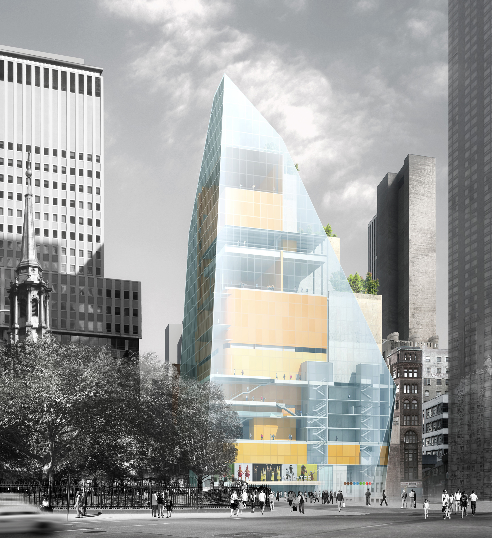 PROJECT: Lower Manhattan Theater CLIENT: Private COMPLETION: 2008 SIZE: 260,000SF H3’s plan for a new cultural and performing arts facility envisions an innovative home for the arts in Lower Manhattan, fostering interdisciplinary exchanges between a broad range of artists and audiences. Located on a constricted lot and adjacent to several subway lines, the design of the center vertically stacks program spaces to take advantage of allowable zoning height. An innovative structural system distributes loads down and around the multiple auditoriums to provide column-free spaces throughout the building. The building includes a 1000-seat auditorium, a 200-seat second stage rehearsal facilities, and office space. A ground level “mixing box” provides access to adjacent subway platforms below the theater, as well as express elevators and escalators to the event spaces above. Retail, business services, educational classrooms and a cabaret venue enliven the street presence of the center. Front-of-house lobby and public spaces are located along the exterior perimeter of the building, allowing for daylight and views to the surrounding neighborhood. Back of house and support spaces are also oriented to daylight, enhancing the day-to-day use of rehearsal, office and practice spaces. Service and loading for the theaters is accessed through several secure vertical lifts, including a large scenery elevator. The unique program of this facility generates a vibrant and versatile incubator for new artistic work and a stimulating venue for national and international performing arts groups. The partnership between arts uses above and transit connections below will further the revitalization of Lower Manhattan, ensuring the civic presence of this important site.