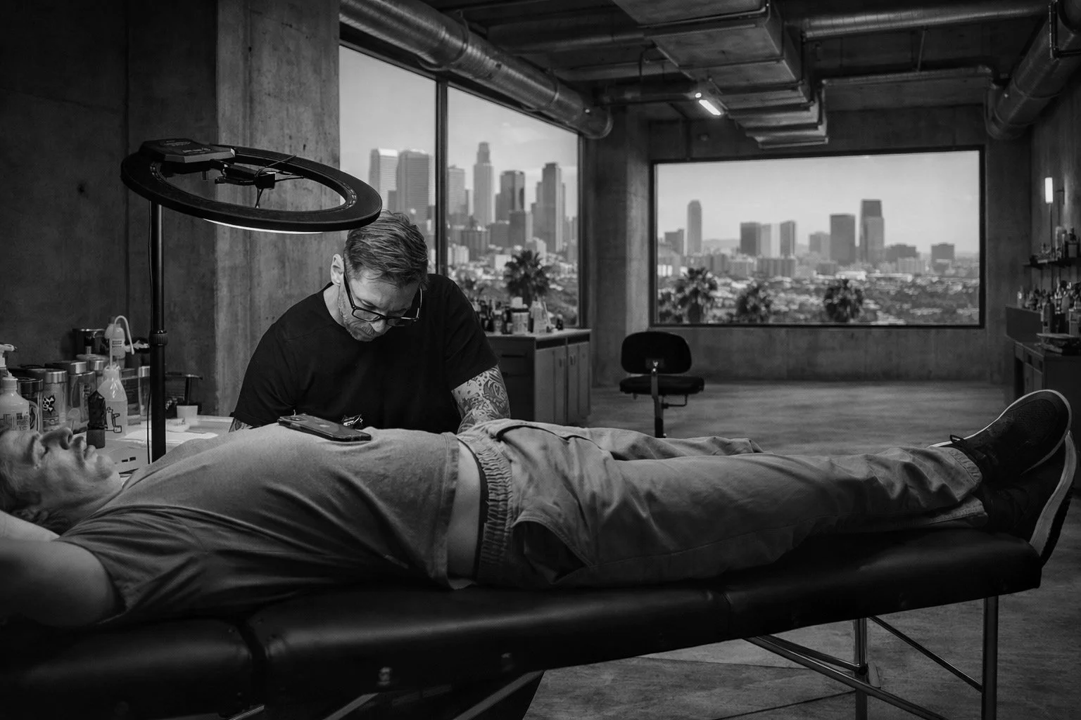 A tattooed man wearing glasses and a black shirt is performing acupuncture on a patient lying on a treatment bed in an urban office setting with large windows showing a city skyline.