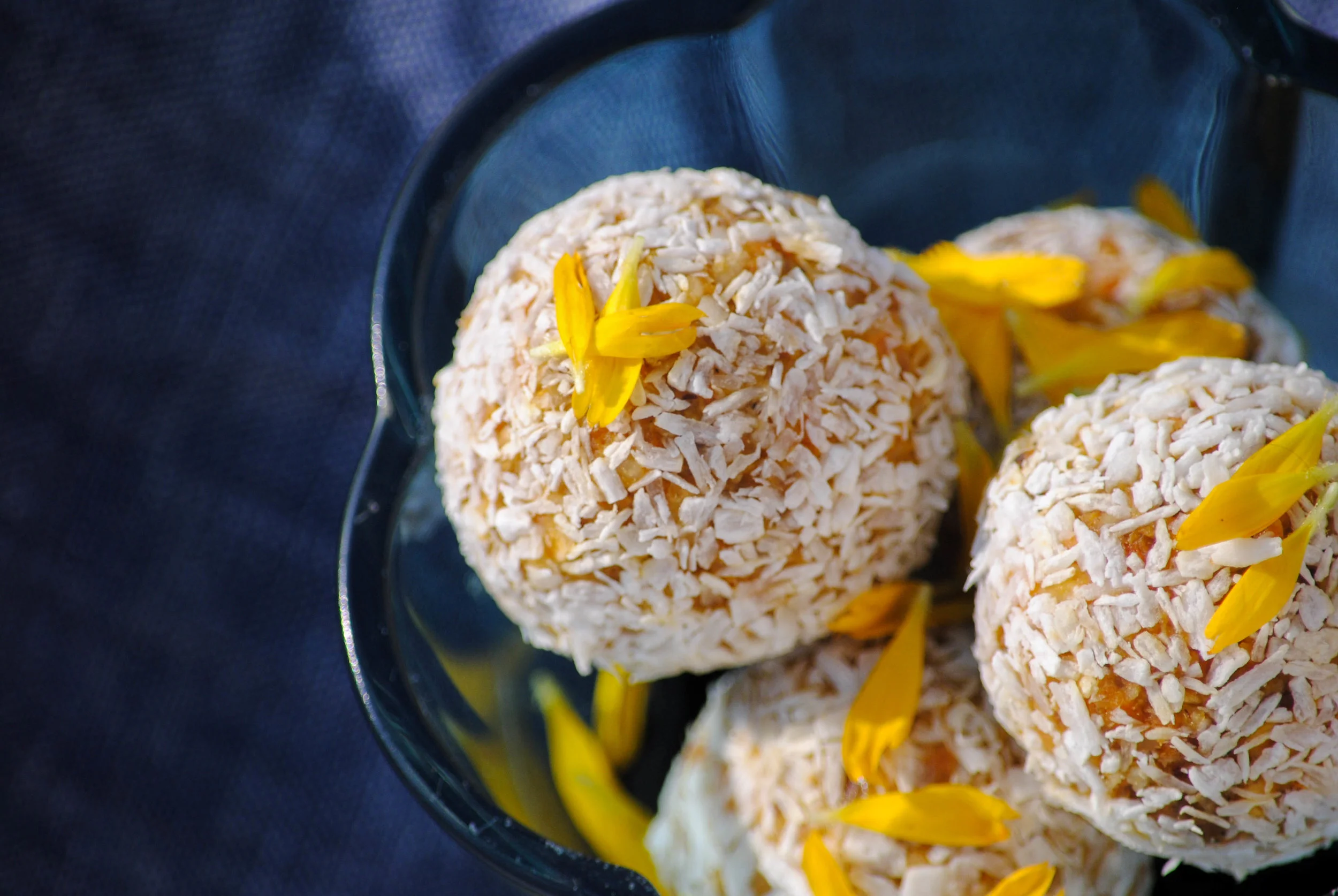 Mindful eating helps us to enjoy different colours, texture & scents. ORANGE BLOSSOM BITES, styled by AKYOGA. Recipe by Tara Canning.