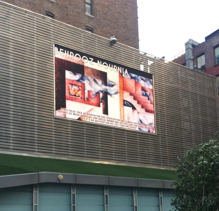 ARTHOUSE.NYC marked the passing of very much loved architect artist & sculptor Behrooz Nournia with a exhibition in Chelsea. His name and work in lights on the Big Screen Plaza at The Eventi Hotel next door. We created a series of screens in honor of Behrooz, featuring his artwork & philosophy, a very fitting tribute indeed.