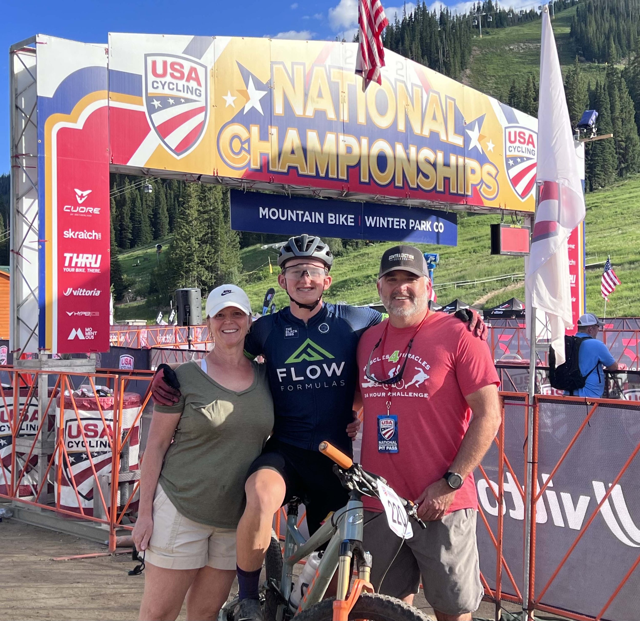  Cam with his parents, Kris and John at his first nationally ranked race - 2022 MTB Nationals in Winter Park, CO 