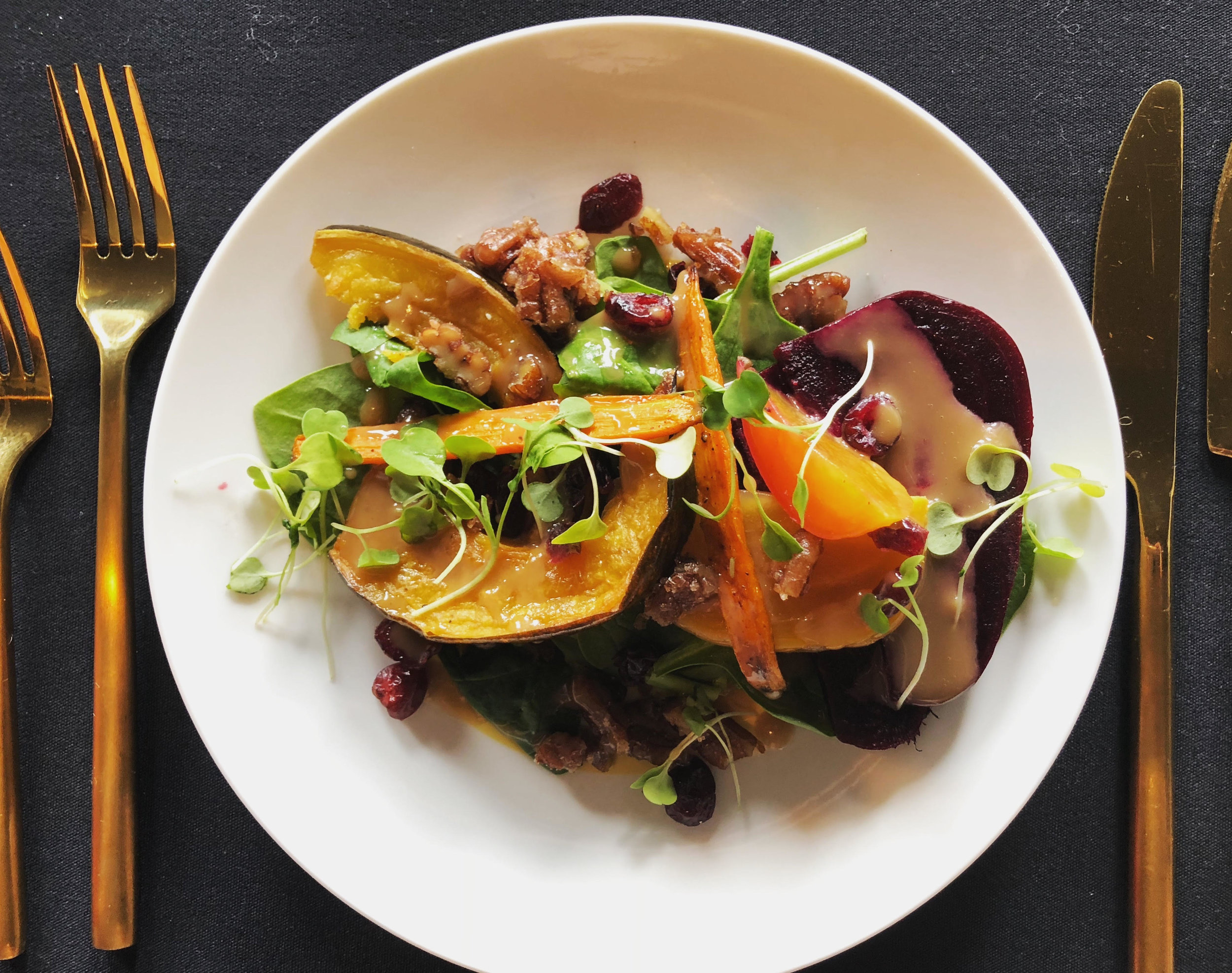 Roasted Autumn Vegetable Salad (baby carrots, beets, and acorn squash over a bed of baby spinach, candied pecans &amp; dried cranberries, with maple balsamic vinaigrette and micro arugula)