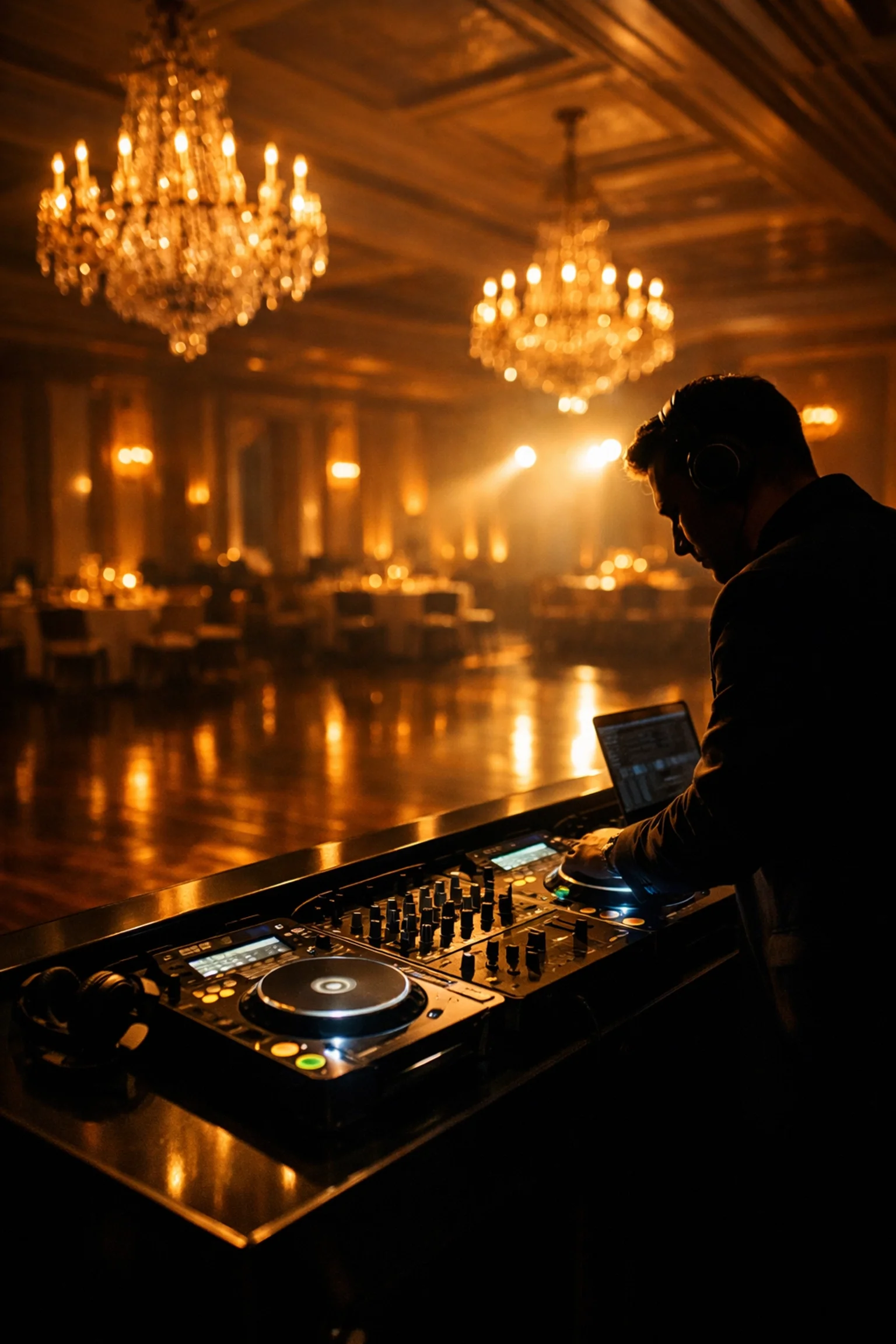 Professional DJ setup in a luxury ballroom for high-energy school event entertainment.