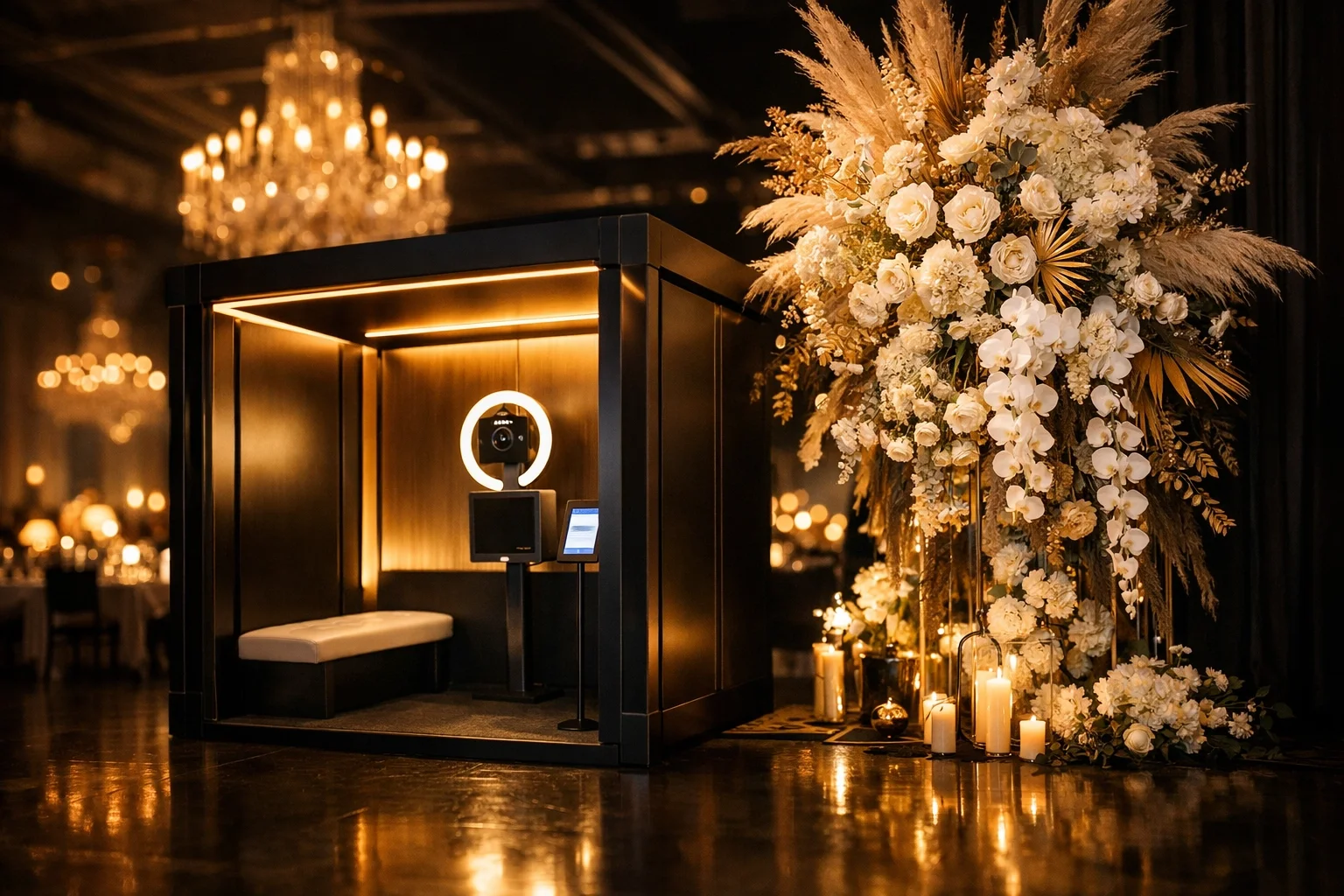 Sleek open-air wedding photo booth integrated into a luxury ballroom design.
