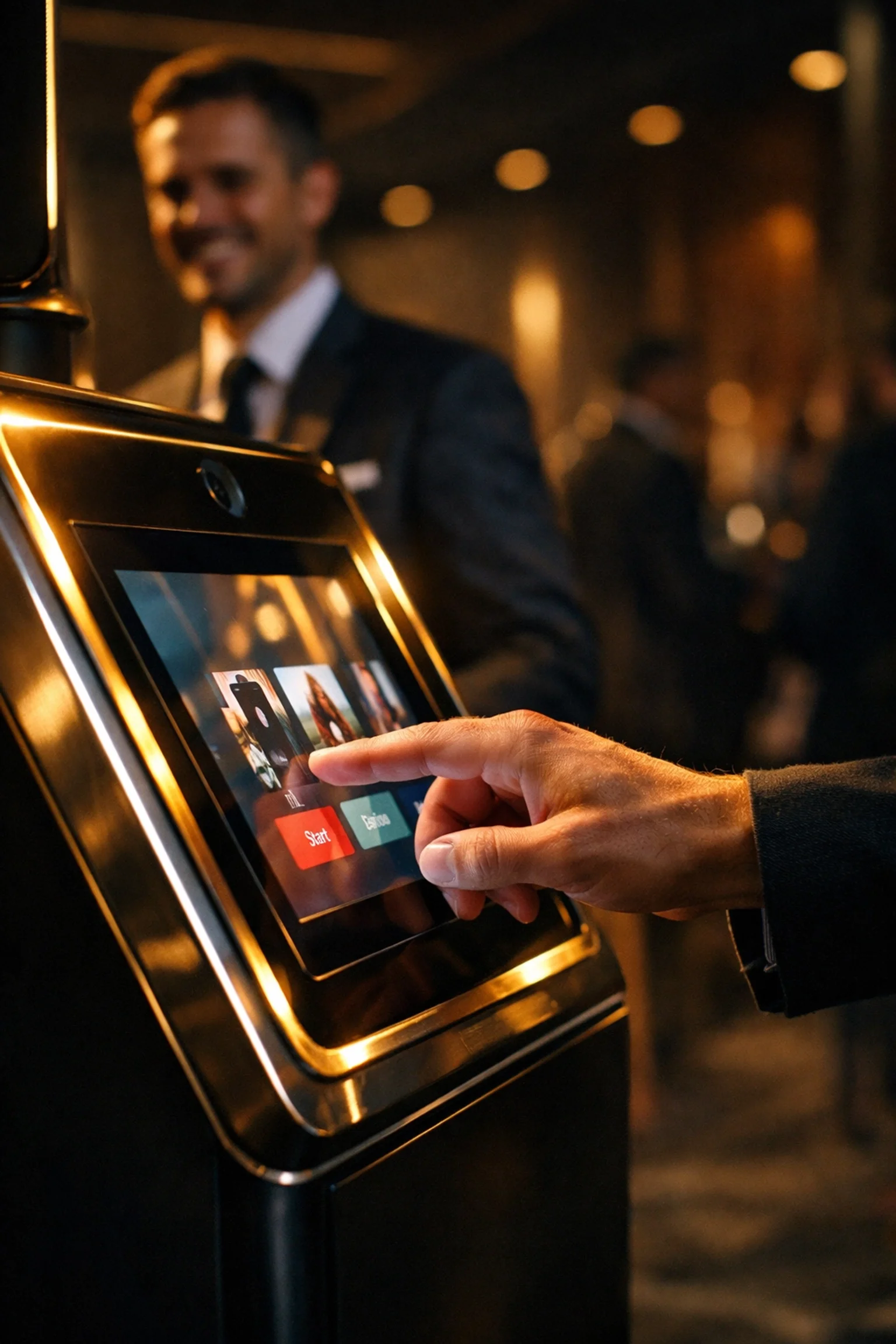 Guest using a branded photo booth experience with an interactive touchscreen at a corporate event.
