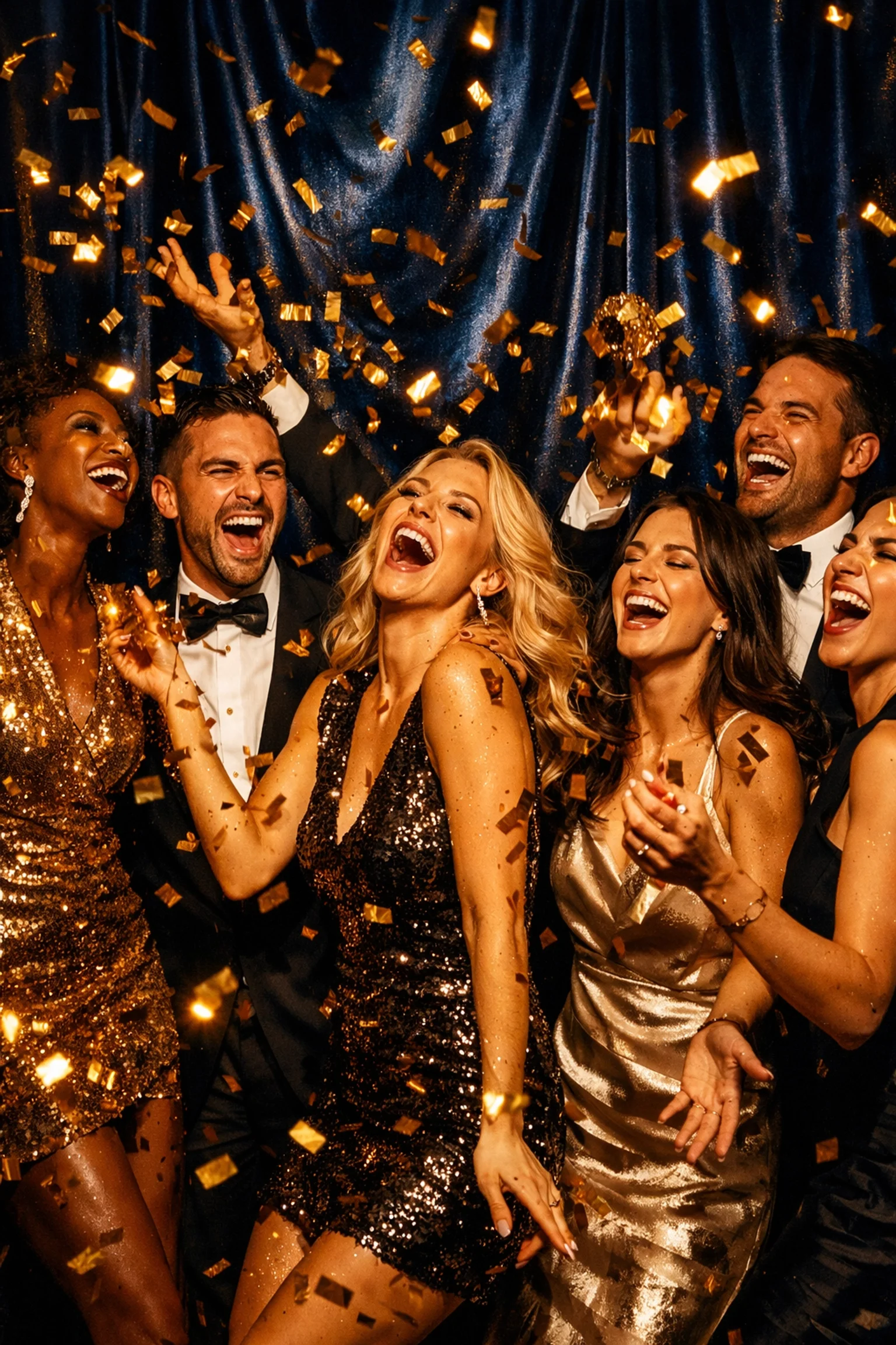 Wedding guests laughing and celebrating at an interactive photo booth station.