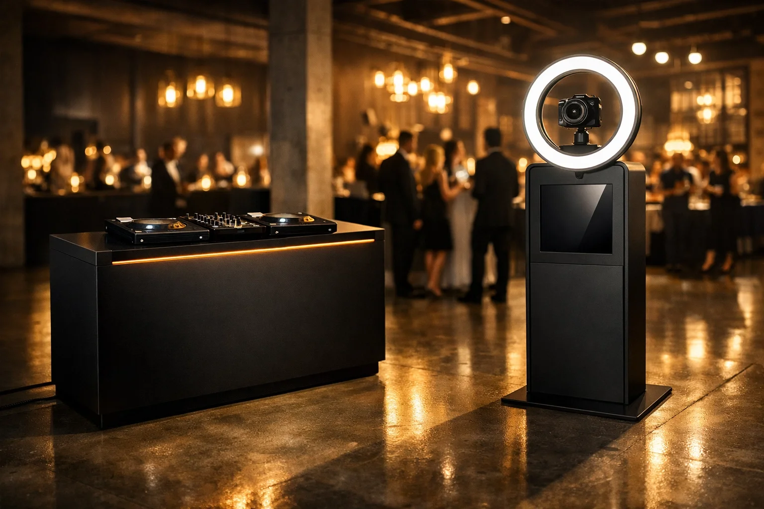 Sleek DJ booth and photo kiosk setup for premium corporate event entertainment packages in NJ.