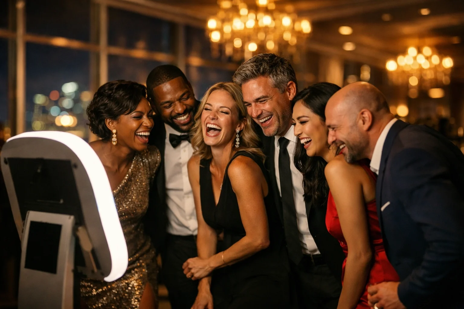 Professionals networking at a modern open-air photo booth during a luxury corporate event in NJ.