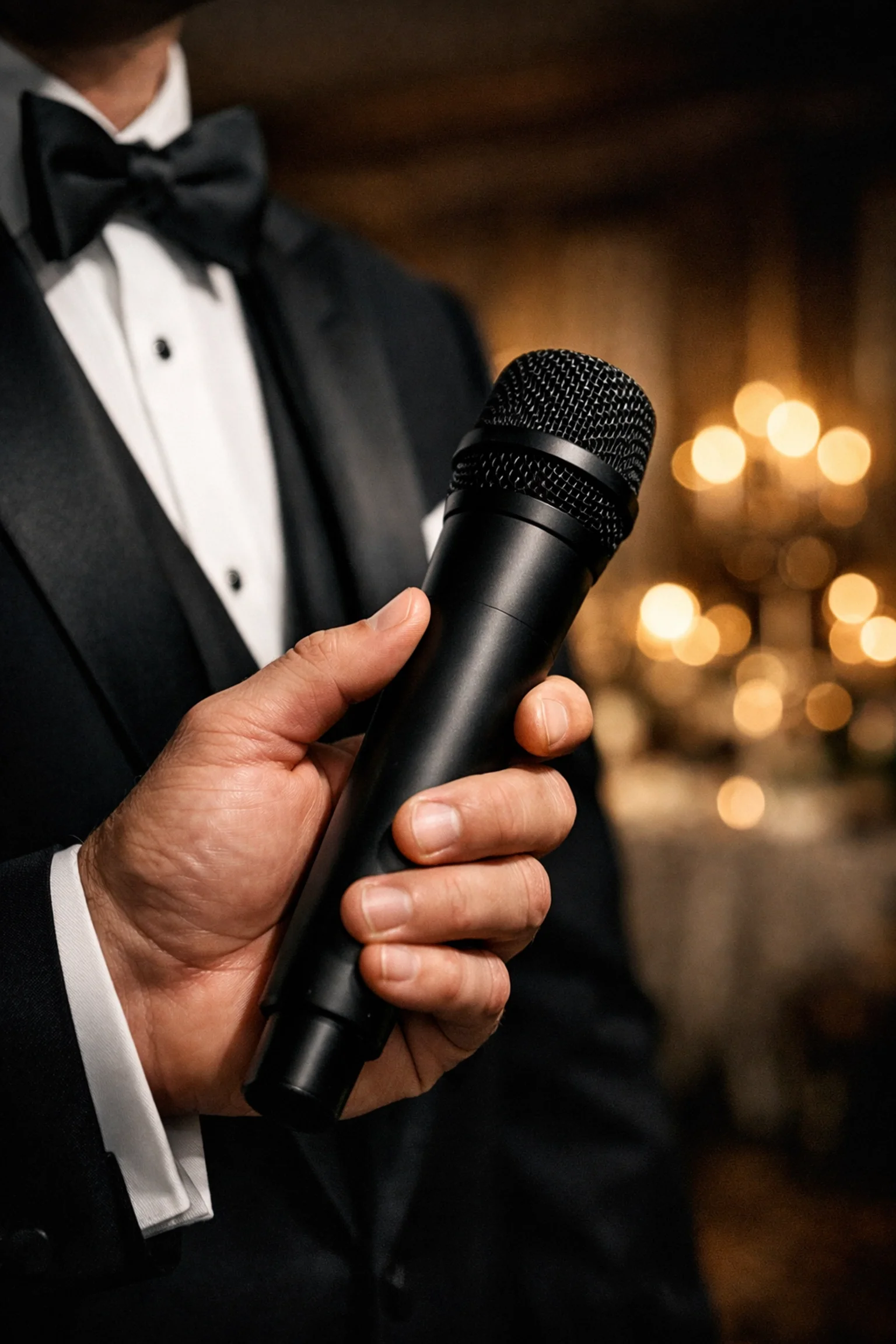 Professional event MC in a tuxedo holding a microphone in a warm candlelit ballroom.