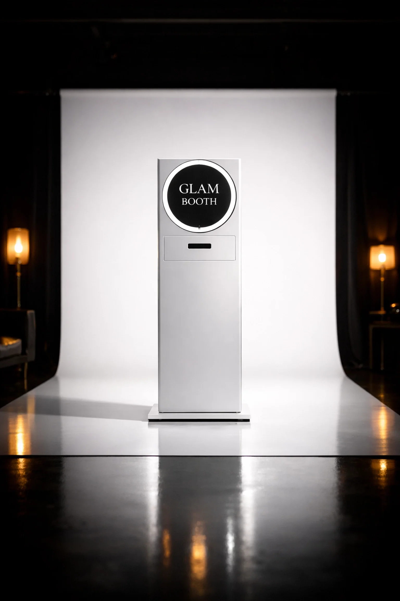 High-end minimalist glam photo booth setup with professional beauty lighting.