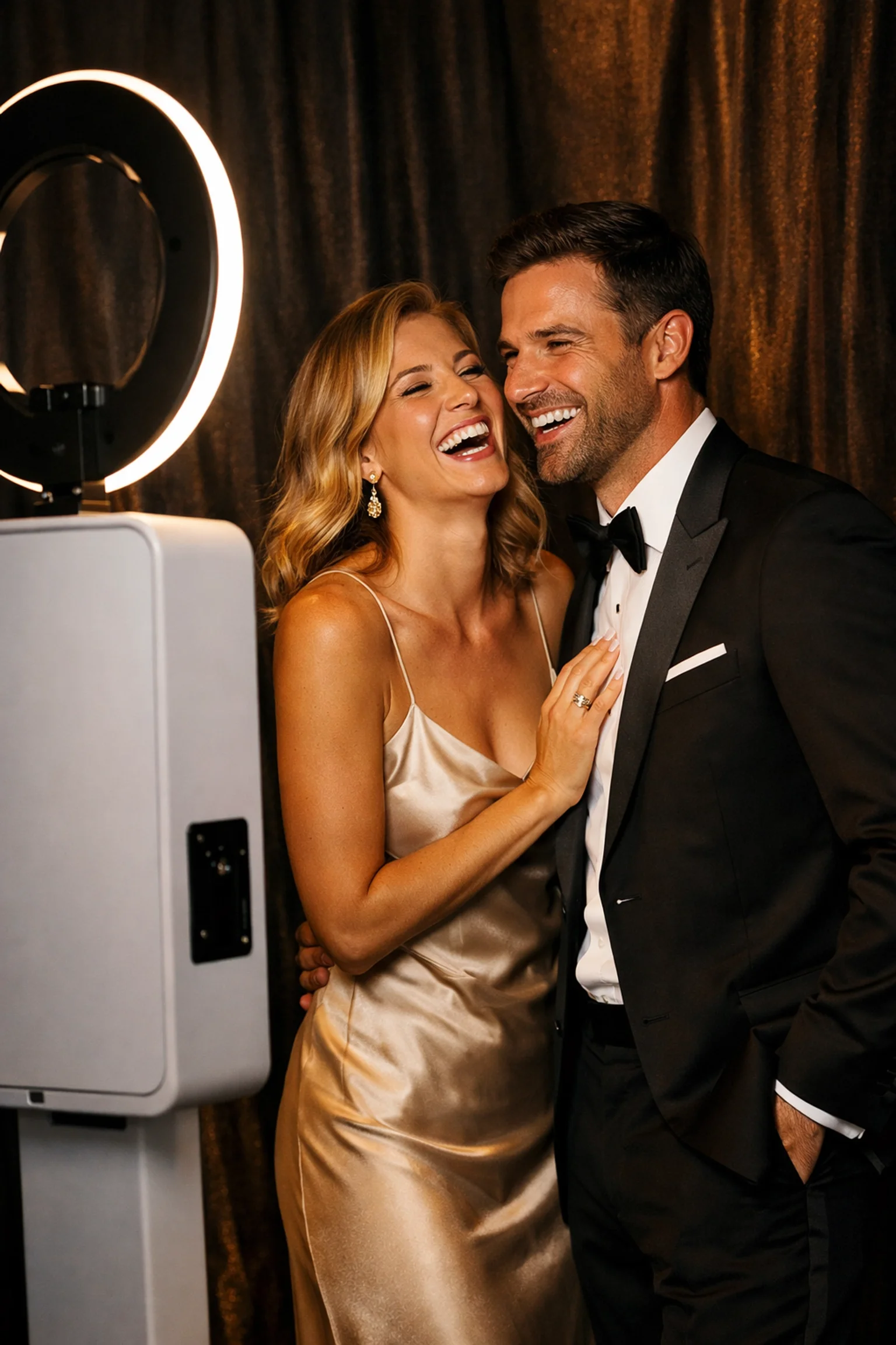 A happy couple posing at a premium wedding photo booth nj with studio-grade lighting.