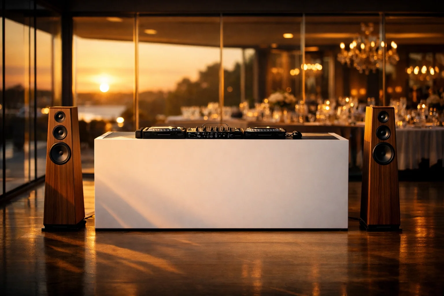 Sleek minimalist white DJ booth setup in a modern luxury wedding venue with premium sound speakers.