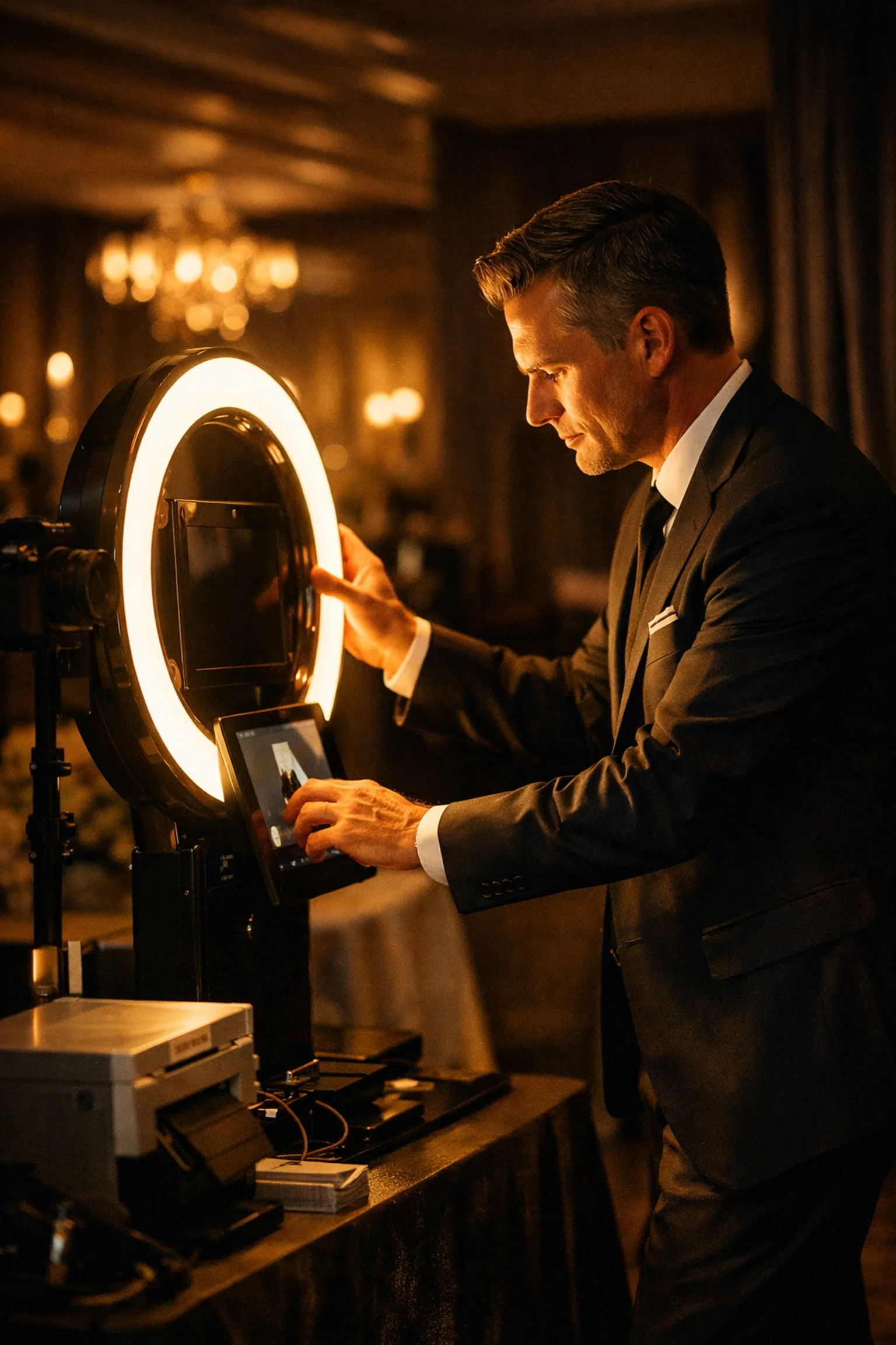 Professional event producer managing a high-tech wedding photo booth activation.