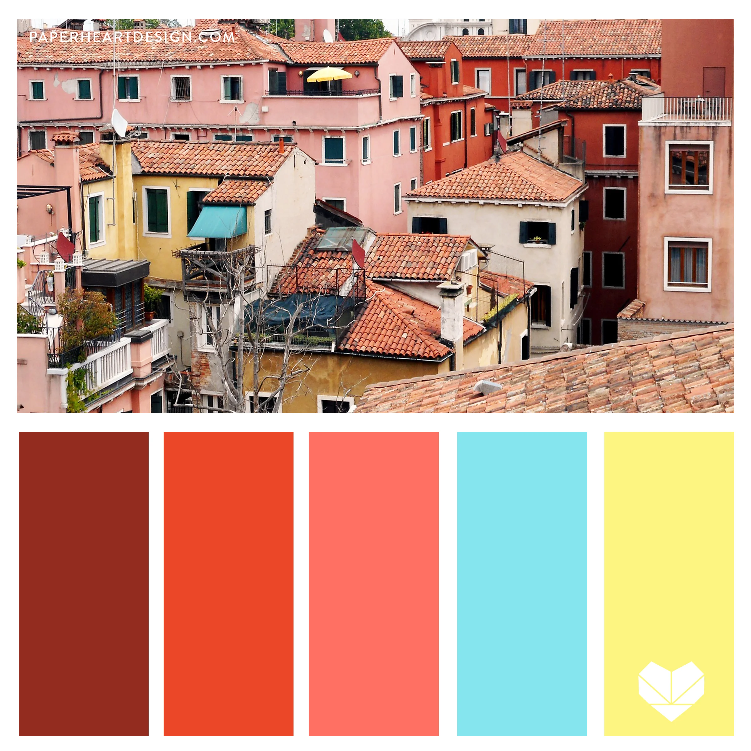 Old City Rooftops, Color Scheme, Coral Pink, Red, Orange, Blue, Festive, Bright, Bold