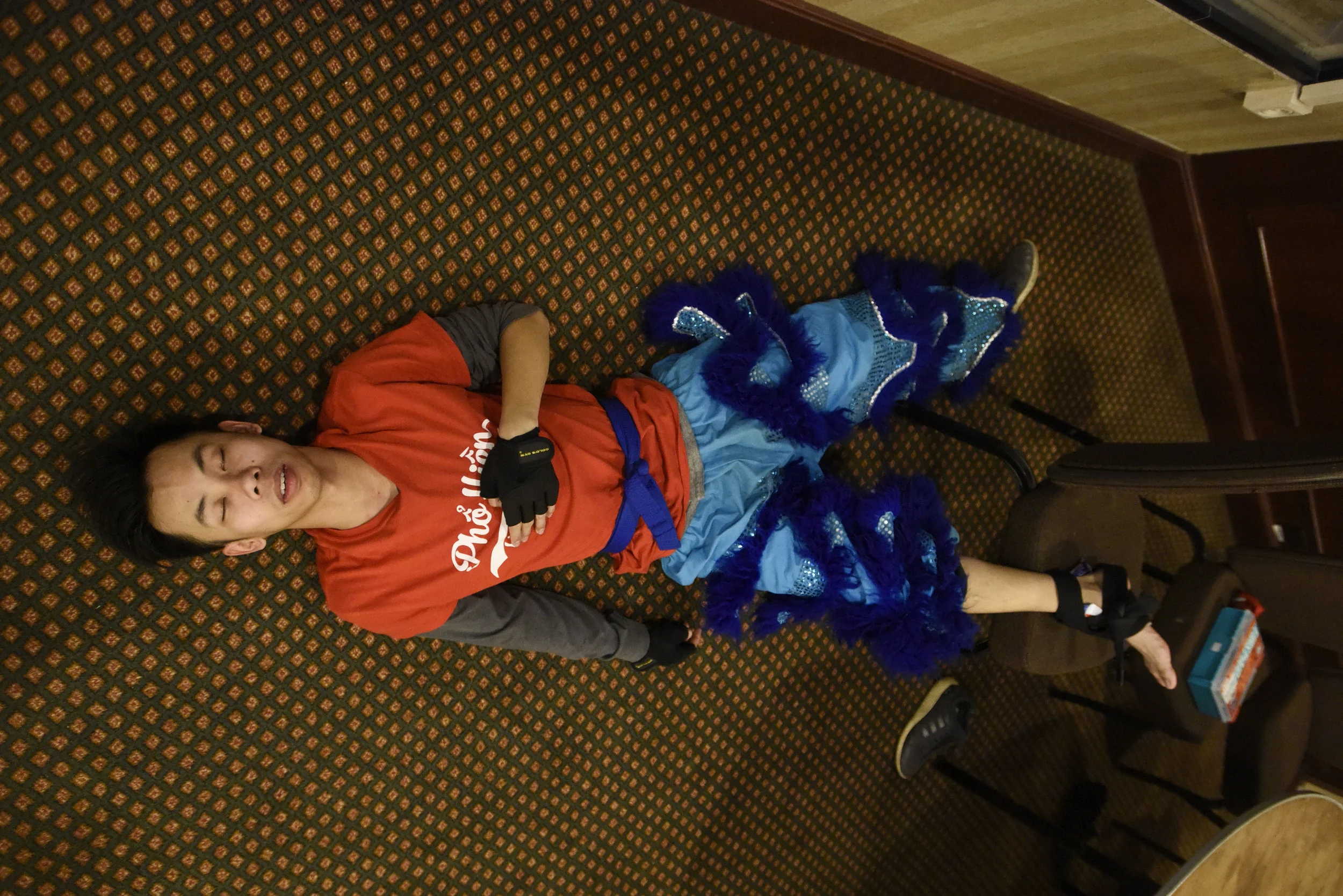  Daniel Van lies on the floor resting after injuring himself doing a stunt during a performance on Feb. 17, 2018 at Ameristar Casino in Kansas City, Missouri. "There's always time where we fail a stunt. An example is Ameristar. On our first performce