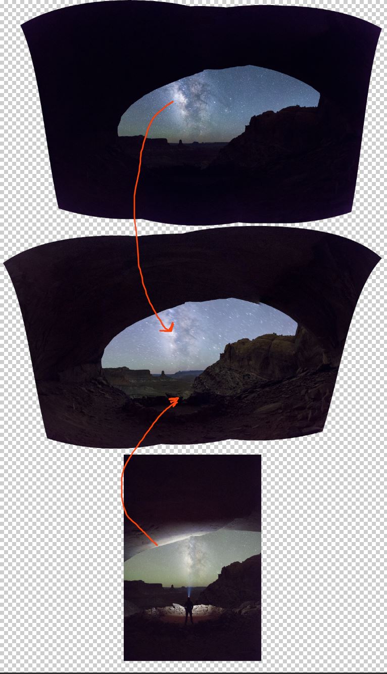 There is a lot to do this well and that process on its own is worth a dedicated post, but these are the basic three images brought together to create the image. Take note that one panorama has a sharp milkyway and stars, but the foreground is too dark and the second panorama, the stars are blurry because of how long the photos were exposed for but have some light inside the rocks of the foreground and midground. 