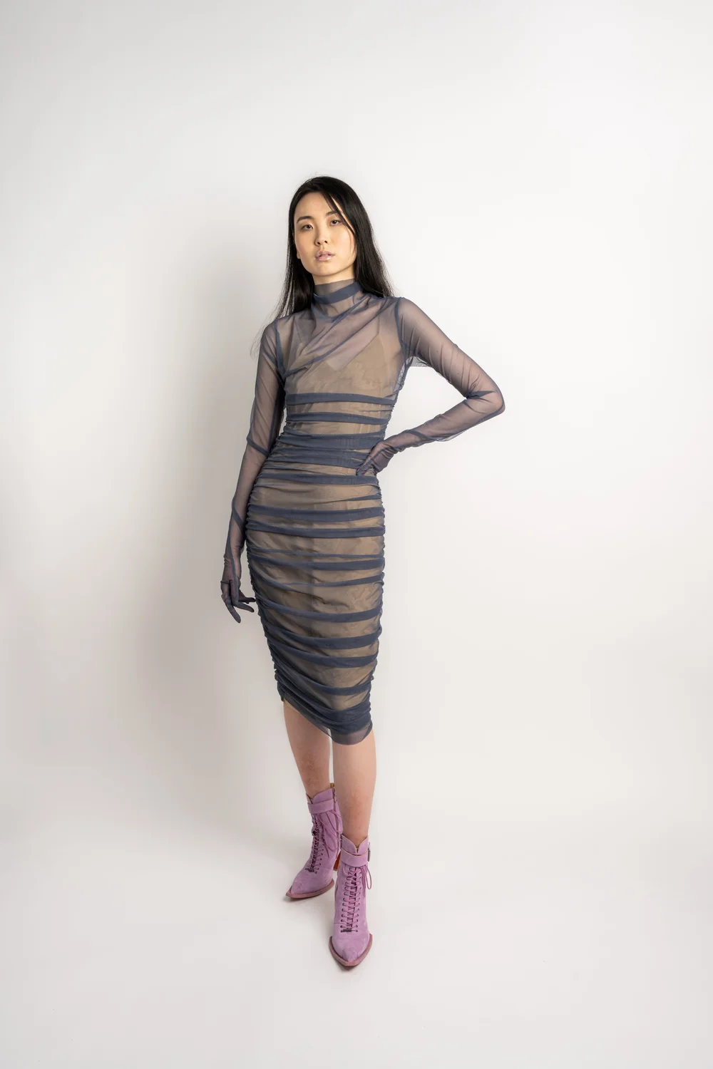 knee length dresses for ladies Stretch Mesh Off-Shoulder Midi Dress Black / S main image 0
