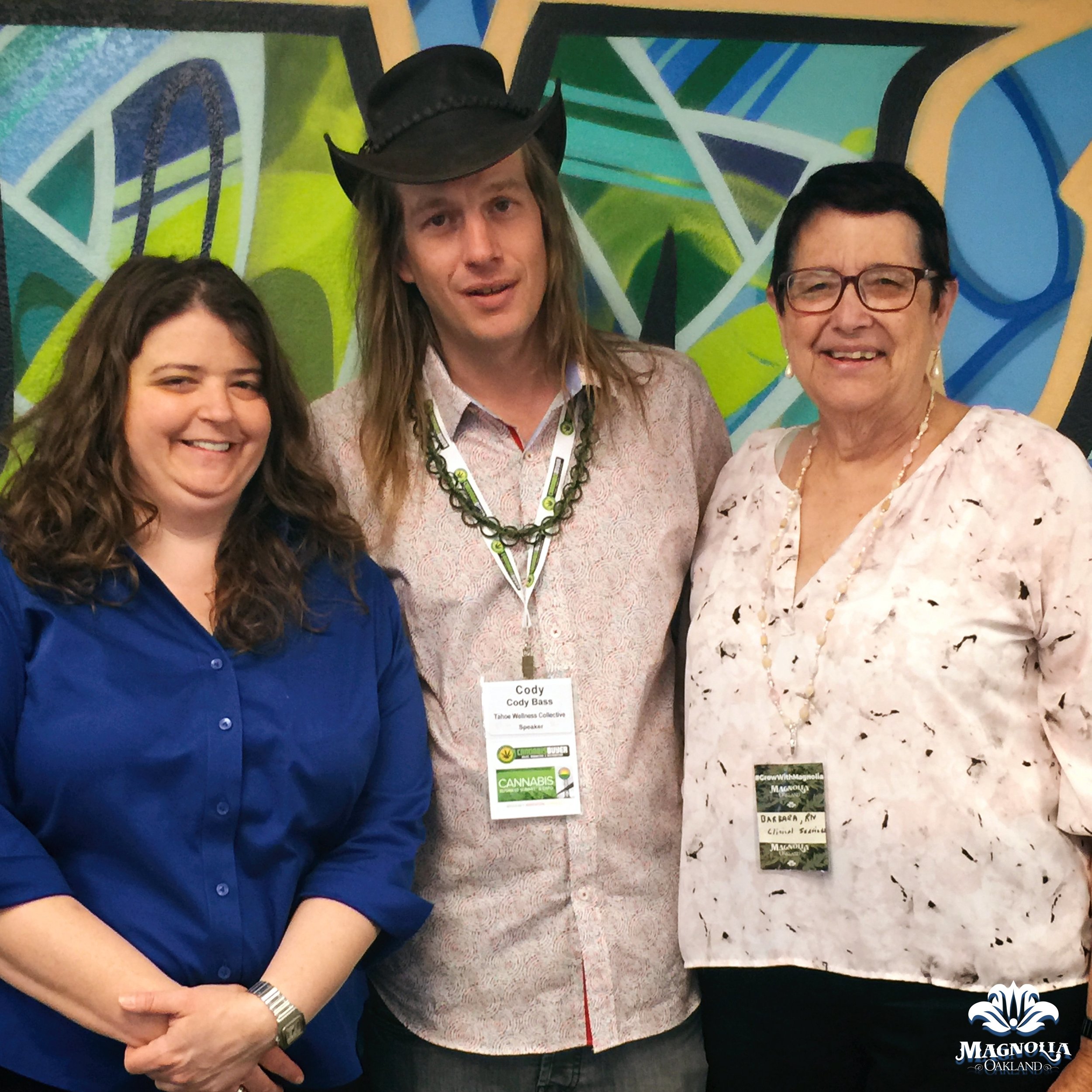 Tahoe Wellness Cooperative founder Cody Bass took a tour of Magnolia today as part of his visit to Oakland for the NCIA Cannabis Business Summit & Expo . Pictured from left to right: Liana Held, founder of Liana Ltd ; Cody Bass; and, Barbara Blaser, Magnolia's Director of Clinical Wellness.