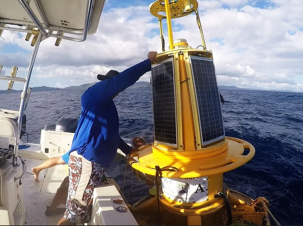 Drs. Sennai Habtes and Paul Jobsis, CMES Director, perform routine maintenance on the CARICOOS buoy offshore south of St. Thomas.
