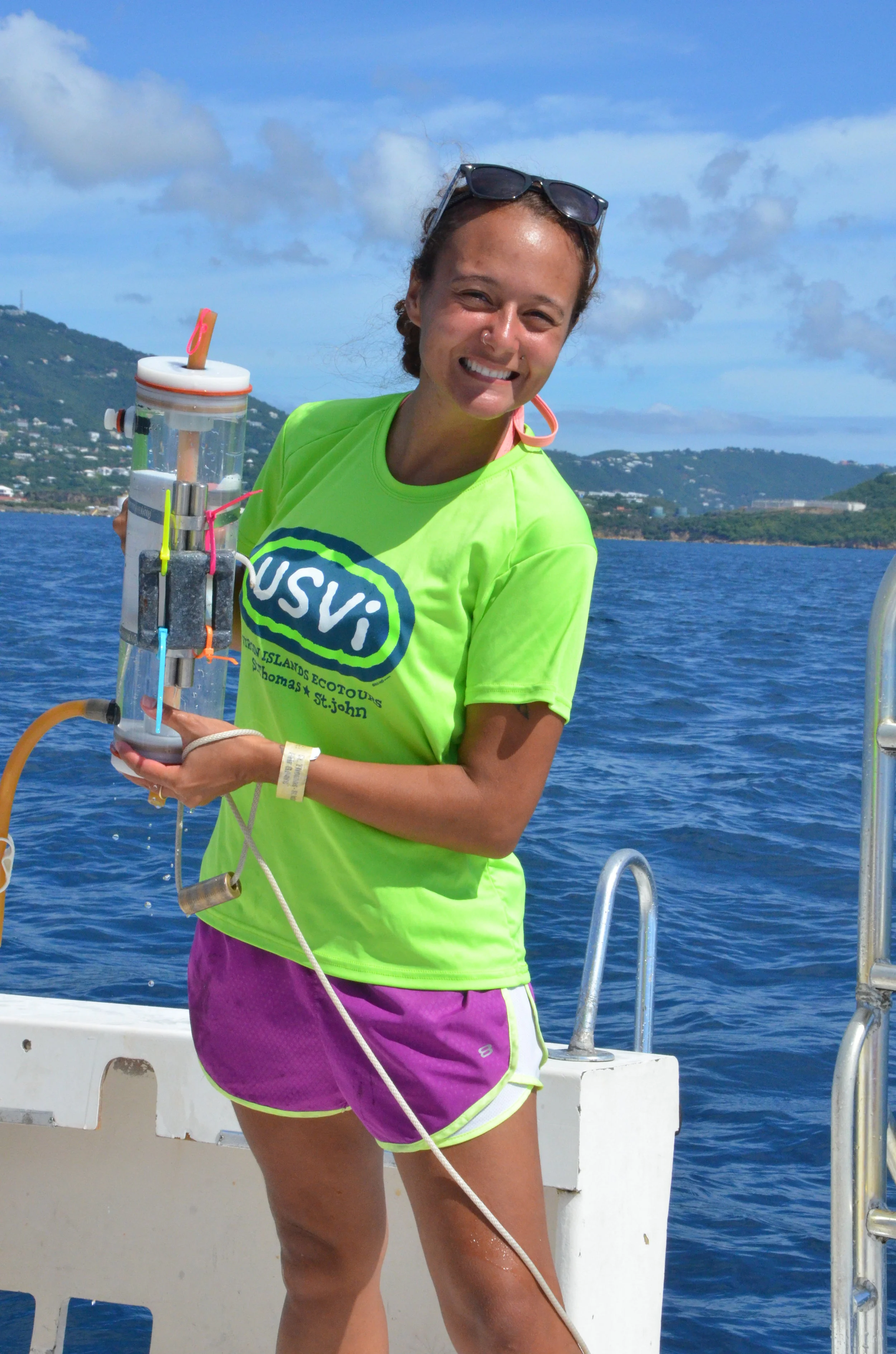 Mara prepares to deploy a Niskin which tests for nutrients, bacteria and total suspended solids in the water.