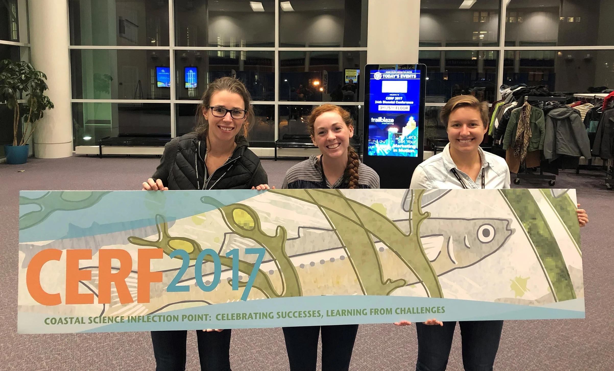 Seen here are Amelie Jensen, Allie Durdall and Sydney Nick at the CERF conference. Listed below are the topics presented by members of the UVI team. Jensen*, A.E., K. Wilson Grimes^, E. Smith, M. Brandt^. 2017. Variability in blue carbon storage in seagrass habitats of St. Thomas, U.S. Virgin Islands. | Durdall*, A., S. Nick^, R. Nemeth^, K. Wilson Grimes^. 2017. Great Pond, St. Croix, USVI: quantifying changes to a fish nursery habitat over 20 years. | Nick^, S. and K. Wilson Grimes^. 2017. Spatial and temporal trends of Enterococcus in the U.S. Virgin Islands. | Wilson Grimes^, K., M. Brandt^, CJ Bucklin, N. Jones^, and M. Medina. 2017. Supporting Emerging Aquatic Scientists (SEAS) Your Tomorrow: Engaging U.S. Virgin Islanders in the Marine Sciences. | Wilson Grimes^, K., CJ Bucklin, S. Habtes^, H Forbes, Jr.^, M. Taylor^, C. Goodwin. 2017. Efforts to Reduce Land-Based Sources of Marine Debris in the U.S. Virgin Islands. | Wilson Grimes, K. 2017. Weathering the Storms: Hurricanes Irma & Maria in the U.S. Virgin Islands. Oral presentation, invited . | *MMES student; ^UVI faculty/staff