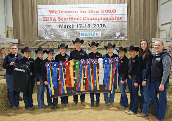 University of Nebraska-Lincoln "Husker" Equestrian Team won the overall Team championship at the Black Hawk College Semi-Finals. Coach Lori Jaixen Team is pictured with the team riders, including Selena Finn, Anna Heusinger, Sierra Nelson, Audrey Heusinger and Brooke Imm. Photo courtesy of the Husker Equestrian Team.