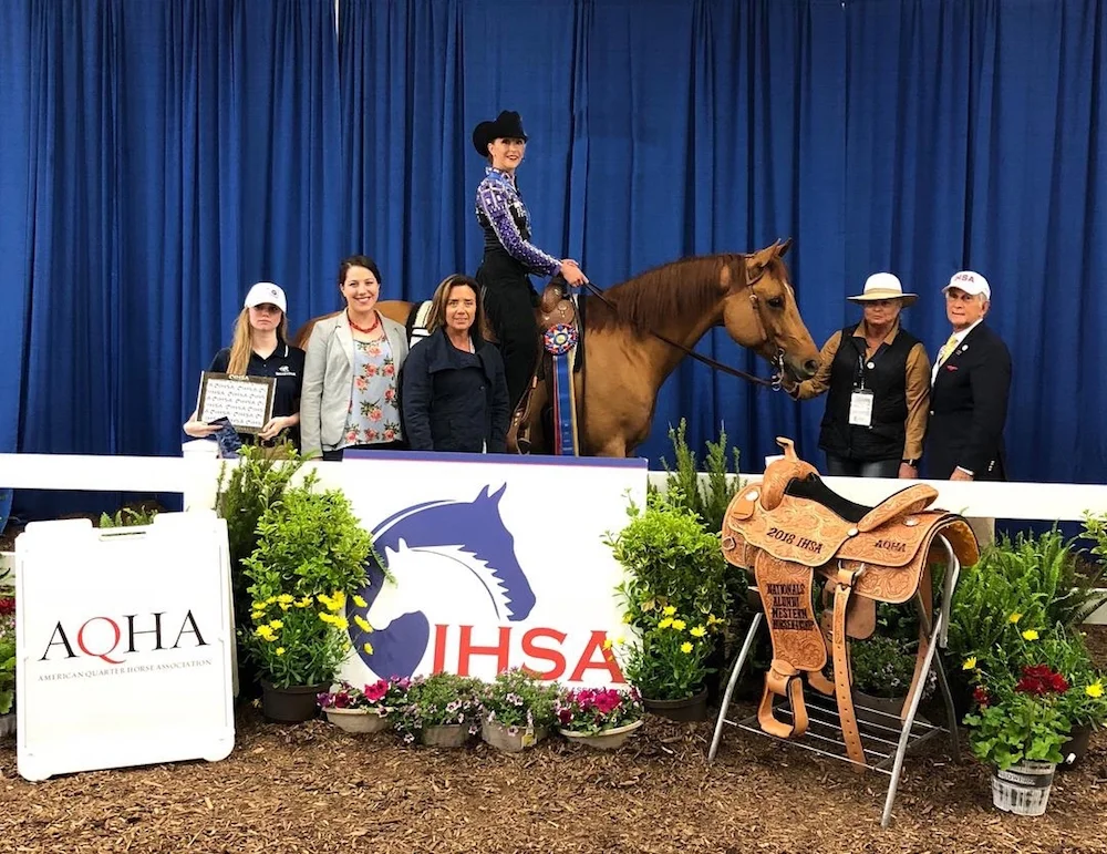 Florida State University's Ellen Waidener, 2018 Alumni Western Horsemanship champion poses with Cailin Caldwell, Megan Taylor, FSU Western coach Jean Anthony and IHSA Founder and Executive Director Bob Cacchione. Photo by AlCookPhoto.com