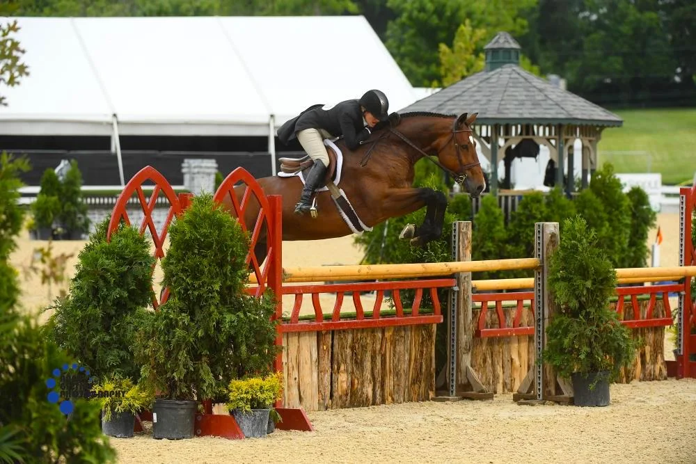 Kelley Farmer and Closing Statement nabbed the win of the $30,000 USHJA International Hunter Derby. Photo by Anne Gittins Photography