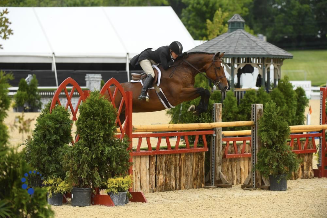 Kelley Farmer and Closing Statement nabbed the win of the $30,000 USHJA International Hunter Derby. Photo by Anne Gittins Photography
