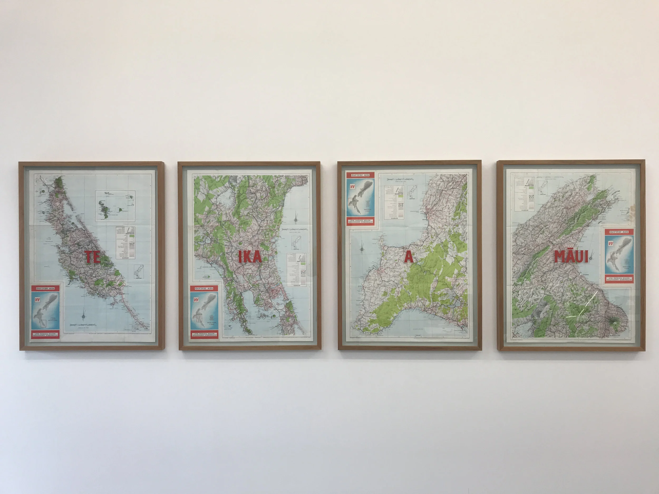 Te Ika a Māui, 2017 found maps, gouache on glass, 745 x 565mm each framed Available from Tim Melville