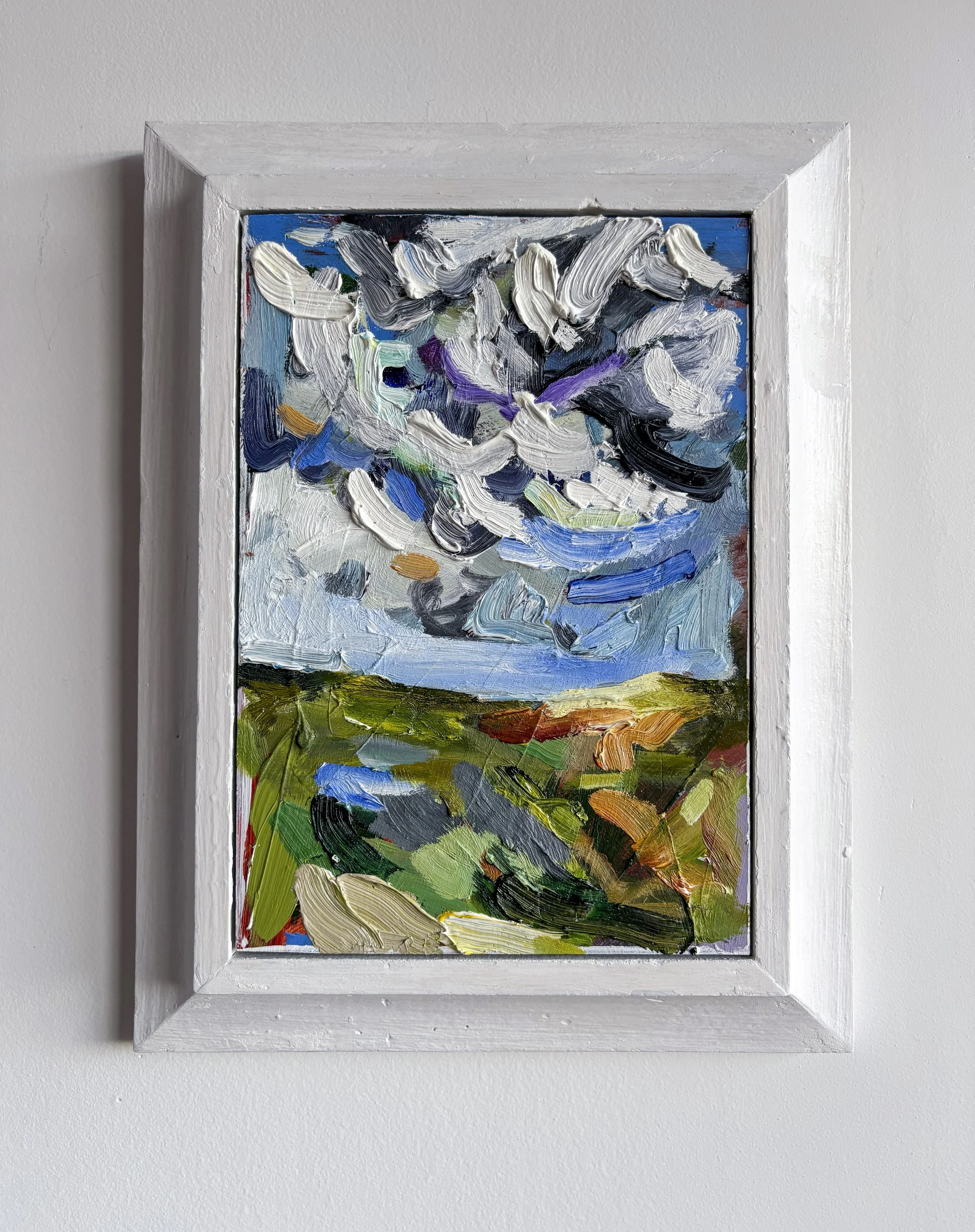 5. Endless days under boisterous skies, 2025, oil on board with reclaimed frame, 280 x 190mm, $750