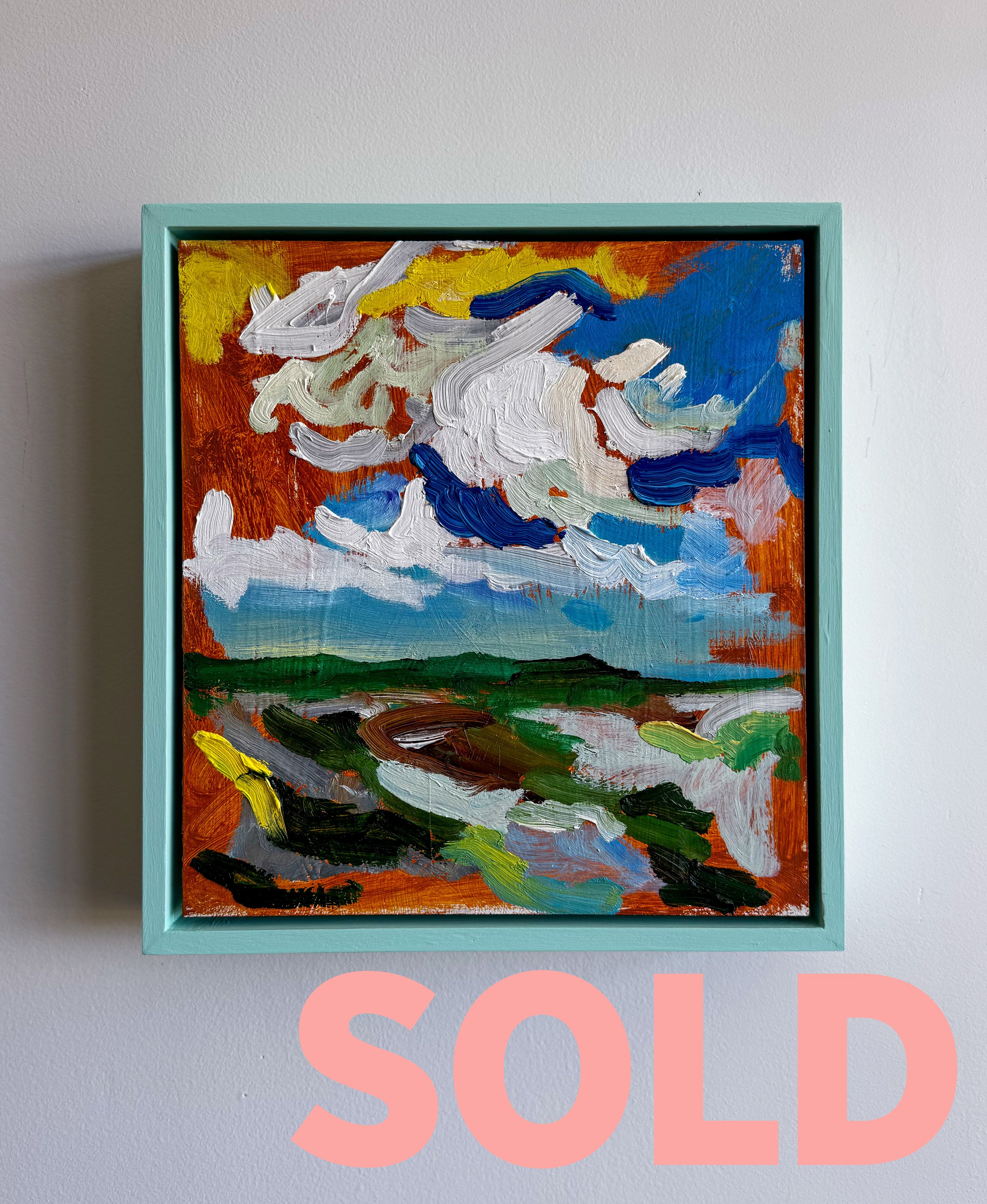 Sunblock stings my eyes but the cool breeze meets the sweat on my face, 2025, oil on board, 280 x 260mm (310 x 290 x 60mm framed)