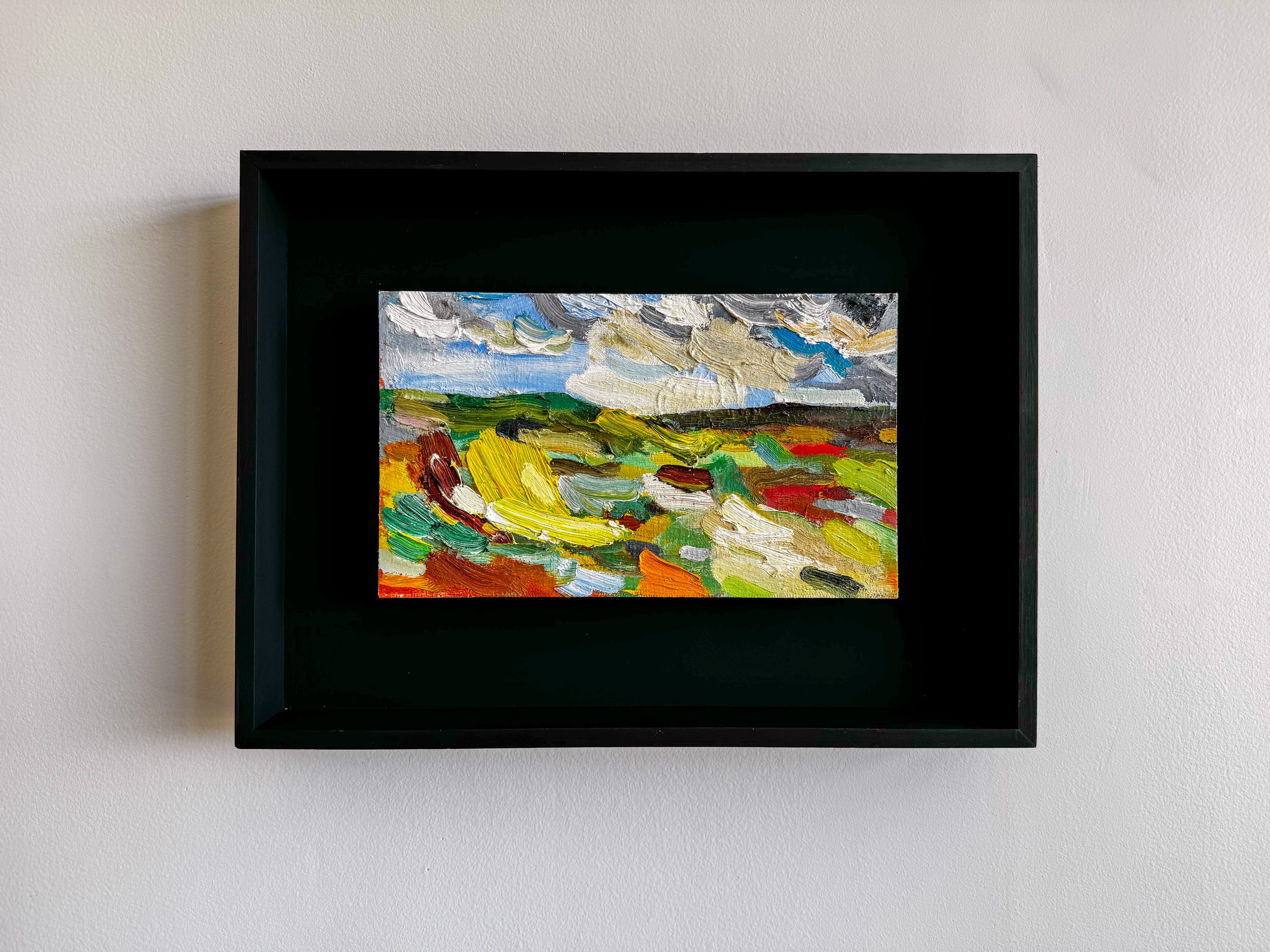 I think of you whenever I'm here, wherever here is, 2025, oil on board, 165 x 285mm (310 x 418 x 60mm framed)