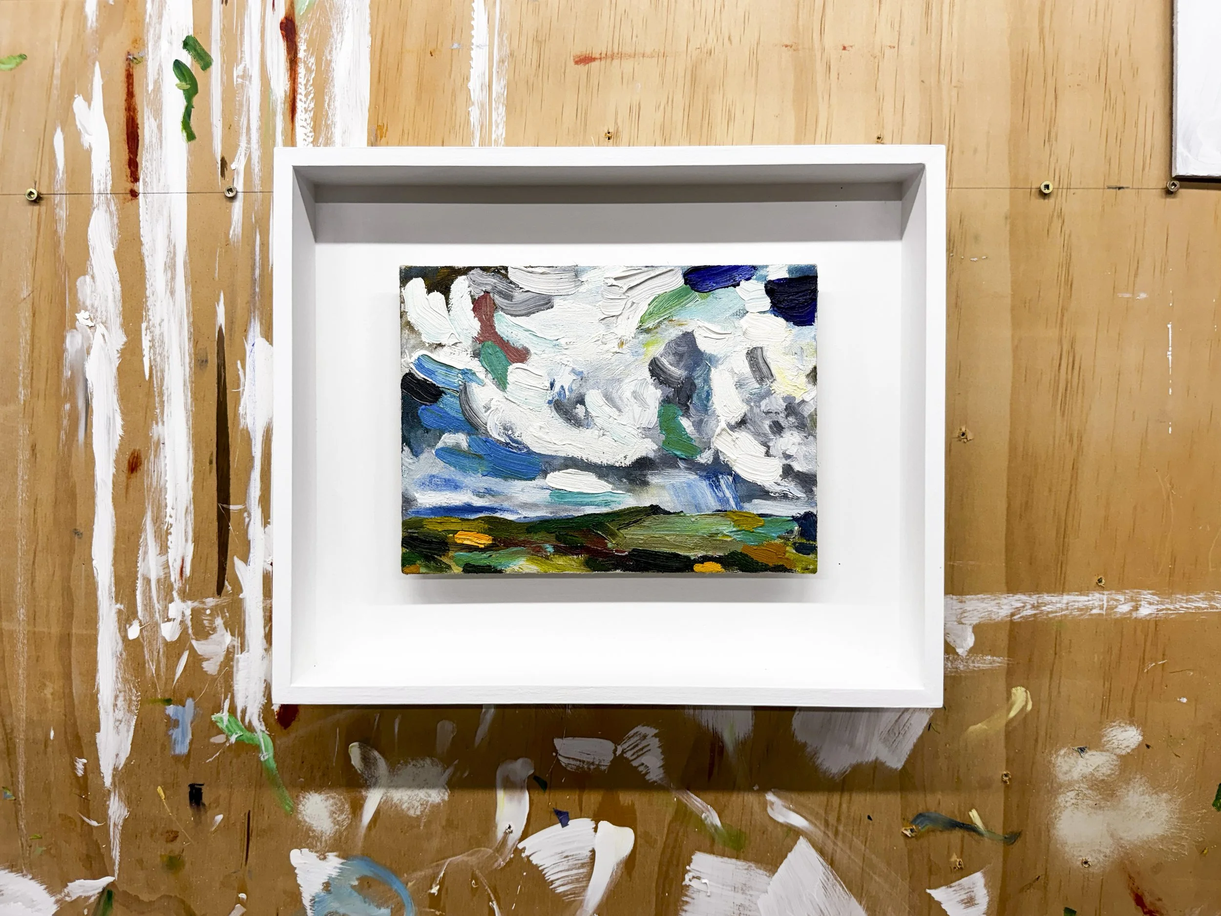 Off in the distance, 2025/26, oil on linen on board, 180 x 243mm (frame 310 x 372 x 60mm)