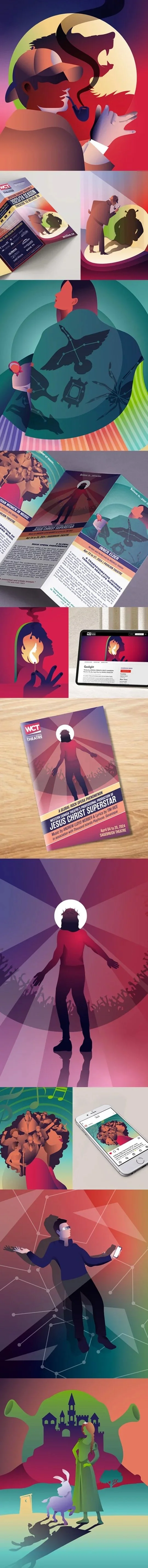 Stylized illustrated theatre posters with symbolic figures and bold colour.