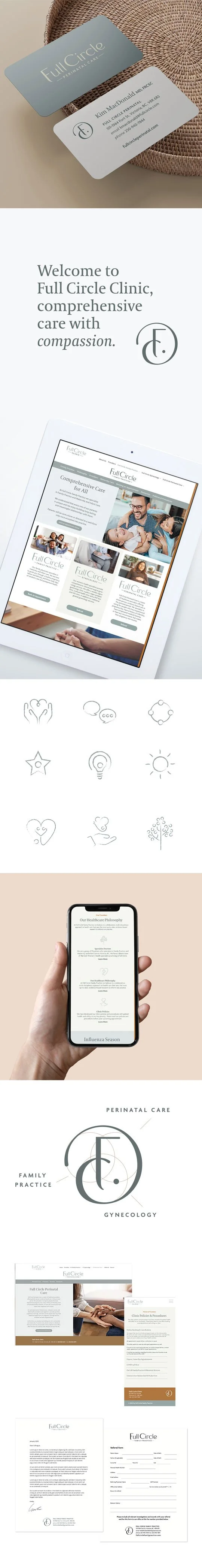 Brand identity and website design for Full Circle Clinic, featuring logo, icons, printed materials, and a responsive healthcare website.