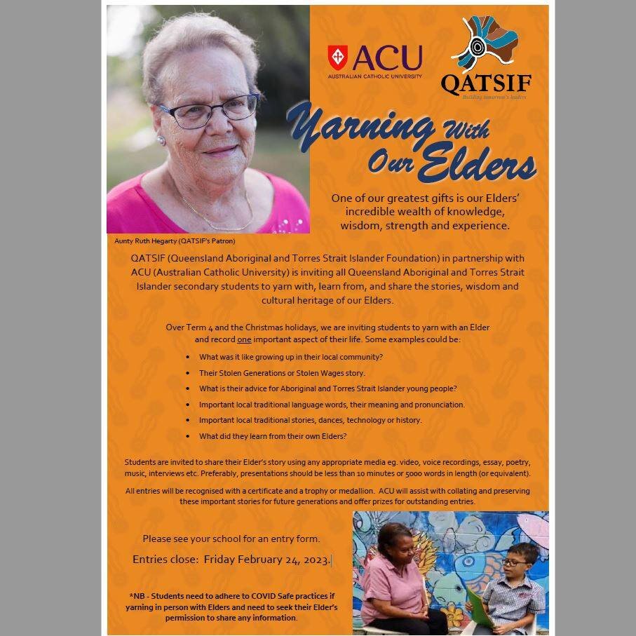 Our 2023 QATSIF Yarning With Our Elders project is now open.

QATSIF (Queensland Aboriginal and Torres Strait Islander Foundation) in partnership with the Australian Catholic University (ACU) is inviting all Queensland Aboriginal and Torres Strait Is